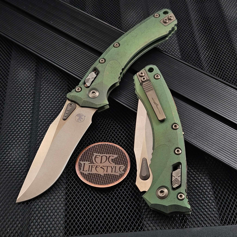 Microtech Amphibian Ram-Lok 137RL-13MS1 Antique Green Titanium Slab Side Bronze Blade & Ti Accent Marfione Select