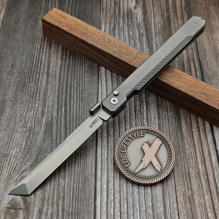 Kubey Prism Button Lock CEO Style Folding Knife Silver Grey 6AL4V