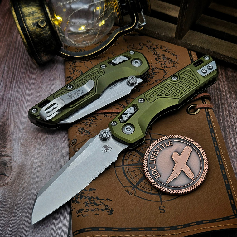 Microtech MSI Ram-Lok Mini OD Green Aluminum Frag 3.10" S/E Partial Serrated Stonewash 210M-11FROD By Edc Lifestyle