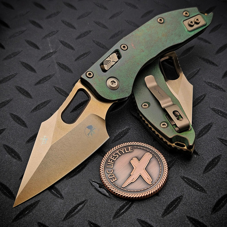 Microtech Stitch Ram-Lok 169RL-13MS1 Antique Green Titanium Slab Side Bronze Stonewash Bronze Ti Accent Marfione Select
