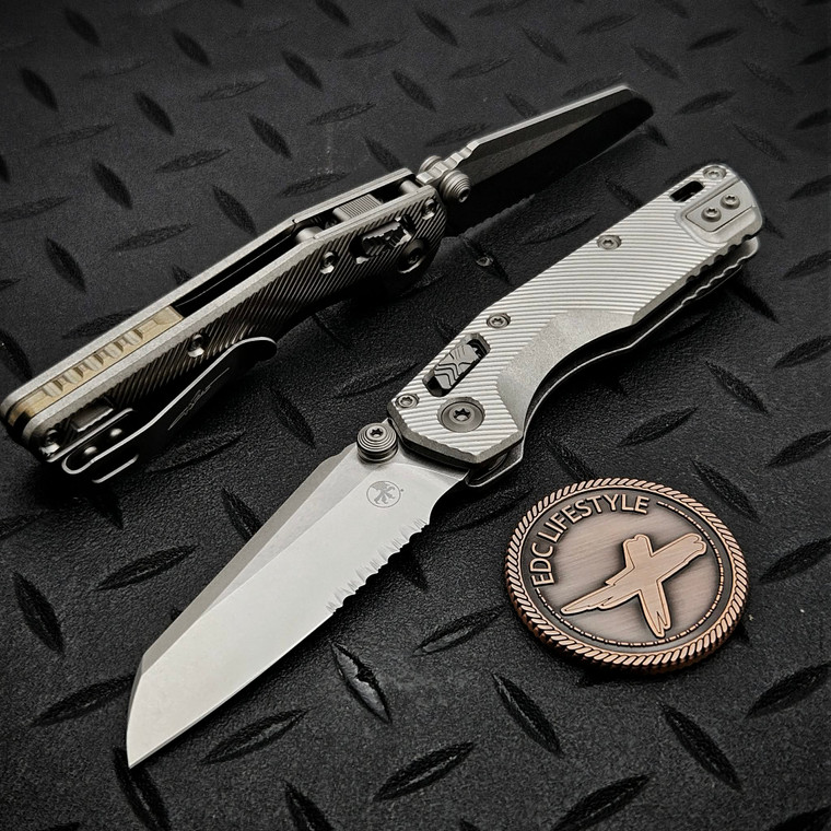 Microtech MSI Ram-Lok Mini Fluted Titanium 3.10" Stonewash Bronze Ti Accent Partial Serrated Marfione Select 210M-11FLMS2 By Edc Lifestyle