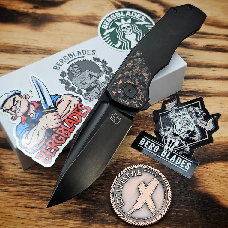 BergBlades Tick Titanium DLC Frame Lock Folder Snakeskin Fat Carbon Inlays Clip Point 3.5" S90V DLC