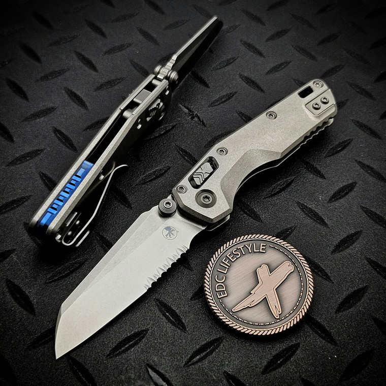 Microtech MSI Ram-Lok Mini Slab Side Titanium 3.10" Stonewash Blue Ti Accent Partial Serrated Marfione Select 210M-11MS3 By Edc Lifestyle