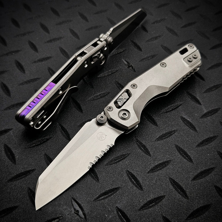 Microtech MSI Ram-Lok Mini Slab Side Titanium 3.10" Stonewash Purple Accent Partial Serrated Marfione Select 210M-11MS4  By Edc Lifestyle