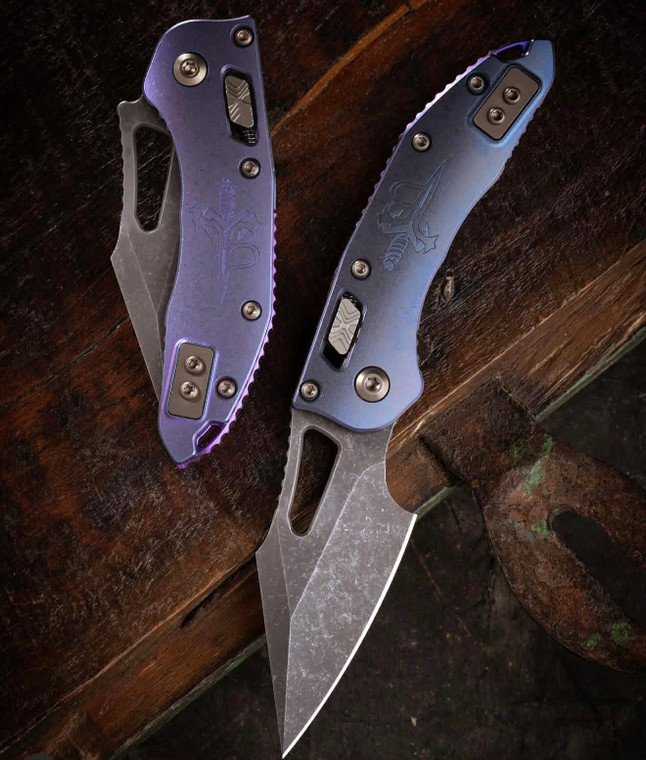 Marfione Custom Borka Blades M-Stitch Ram-Lok with m390mk Acid Wash Purple Anodized Titanium and Double Vapor Blast