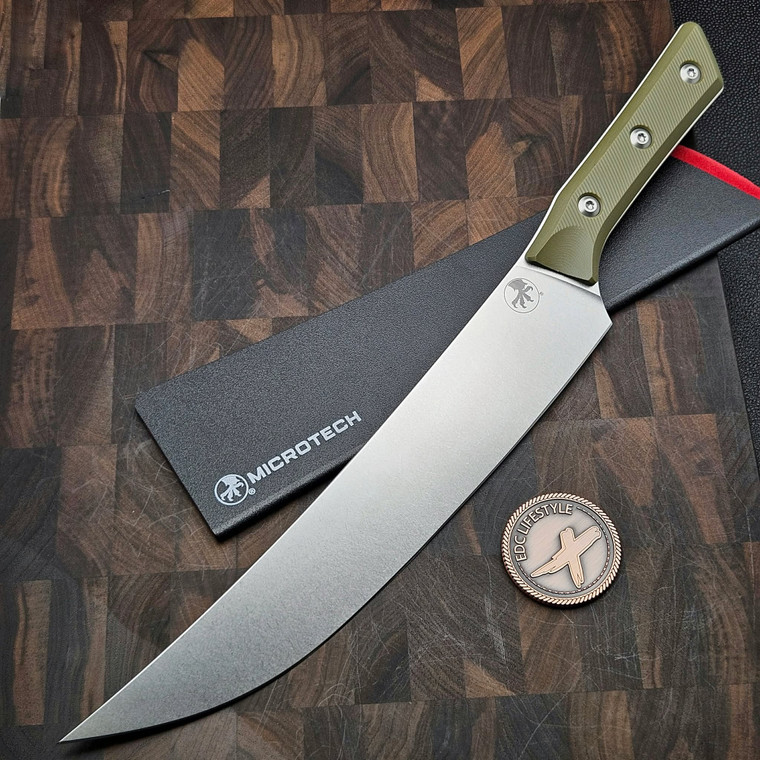 MICROTECH KNIVES 10" M390 BUTCHER KNIFE STONEWASH TITANIUM OD GREEN G-10 3800-10OD