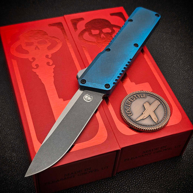 Chaves Knives Dissident OTF Blue Aluminum Crosshatch D/P