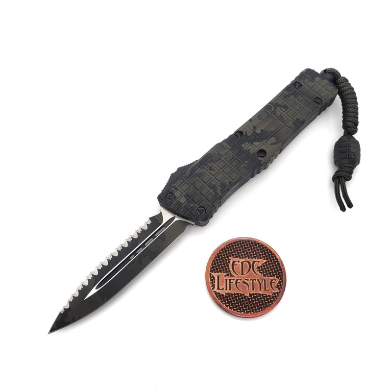 Microtech Combat Troodon 142-3FROCS Frag Double Edge Olive Camo Cerakote Handle/Blade Full Serrated Serial #002