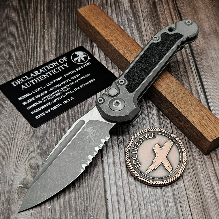 Microtech LUDT Titanium Textured Inlay Partial Serrated Apocalyptic 1135-11APMS2 Marfione Select - Preowned