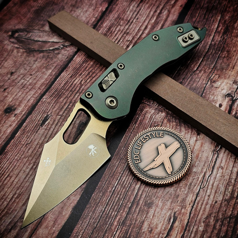 Microtech Stitch Ram-Lok Titanium Slab Side Antique Green Bronze S/E 169RL-13MS1 Marfione Select - Preowned