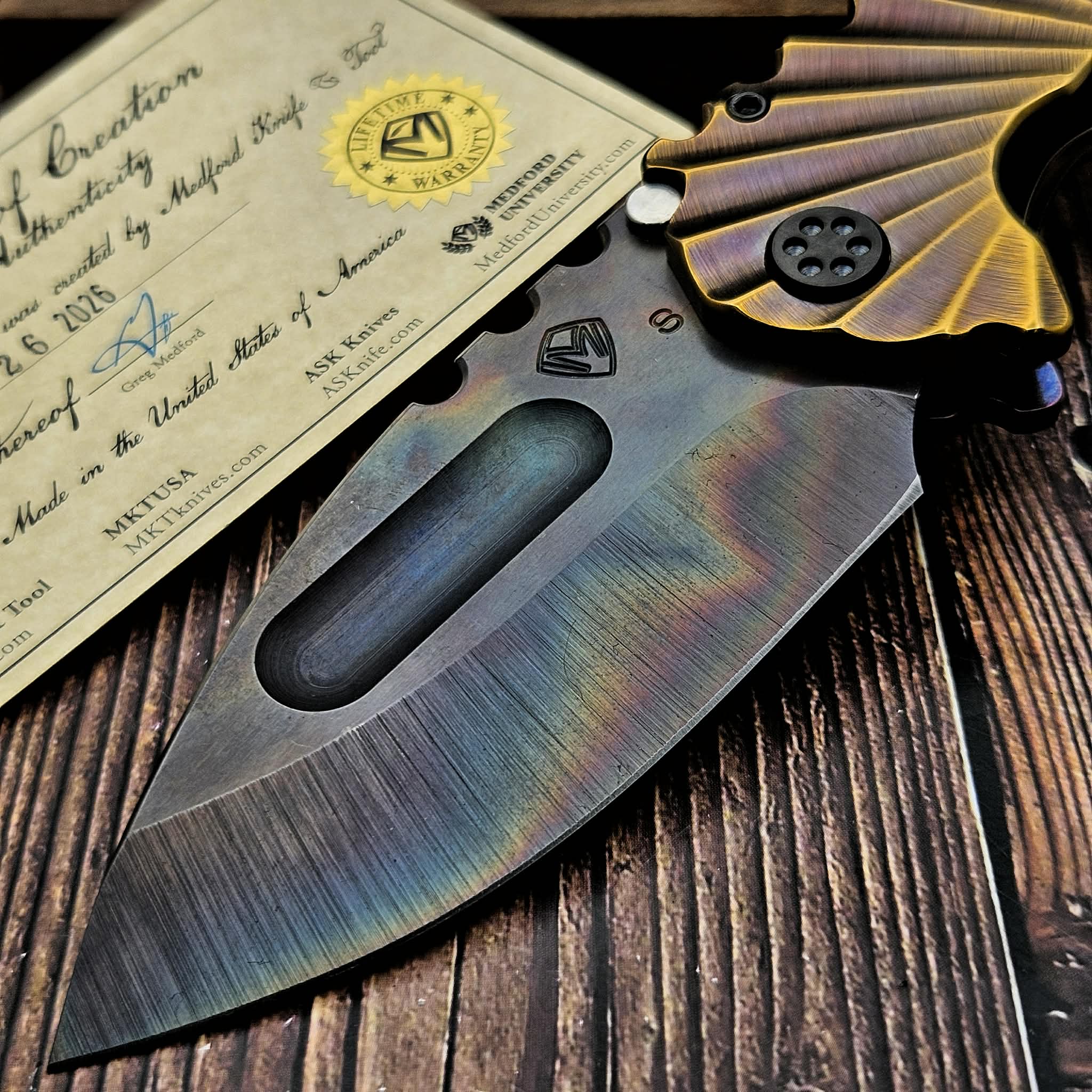 Medford Praetorian Ti CuRose/Brz Rising Sun Handle/Spring Vulcan