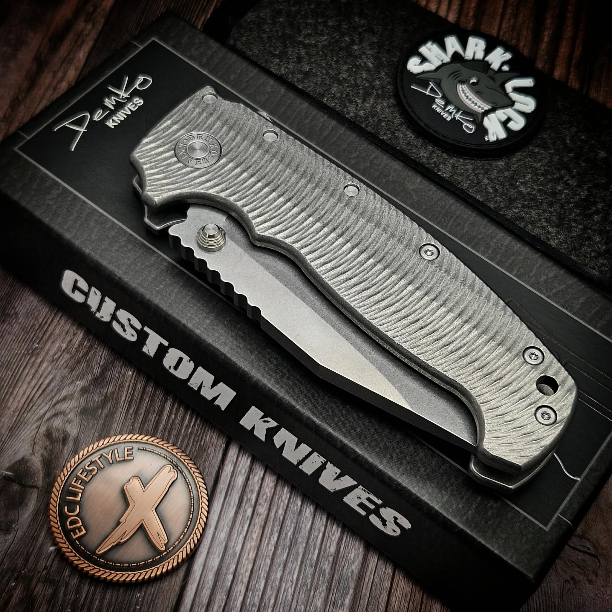 Demko AD20 XXX Titanium Textured Thumb Stud 3V Clip Point - Preowned