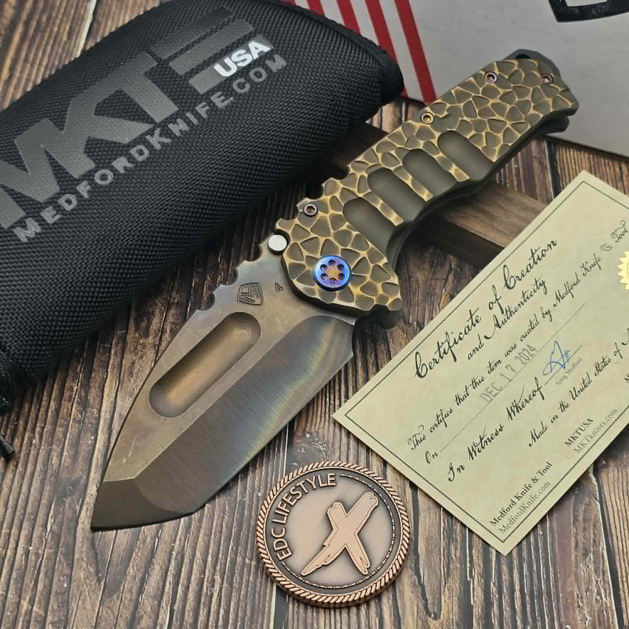 Medford Knives Praetorian Ti Bead Blasted Brush Bronzed Peaks-N
