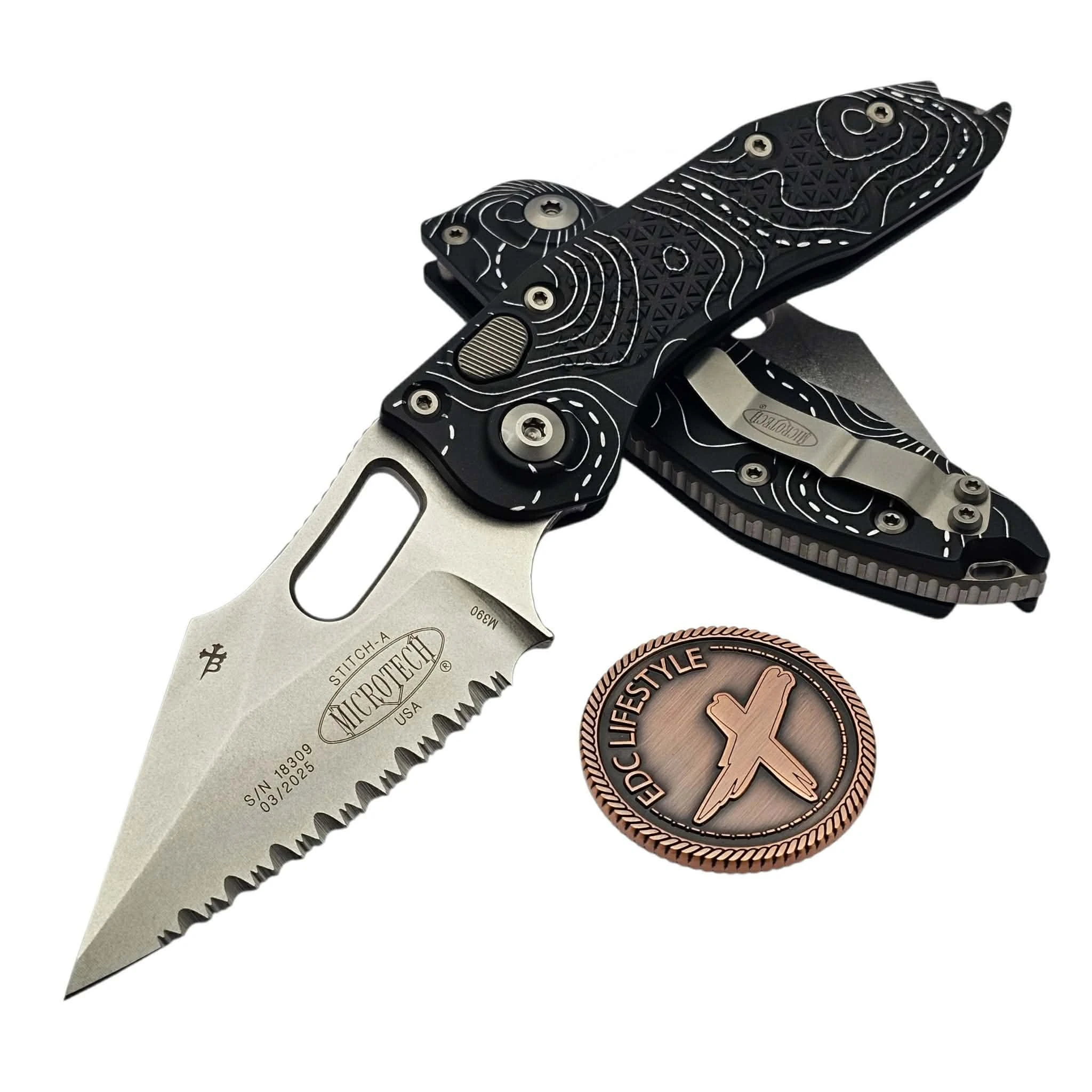Microtech Borka Auto Stitch Black Topograhpic Stonewash Full