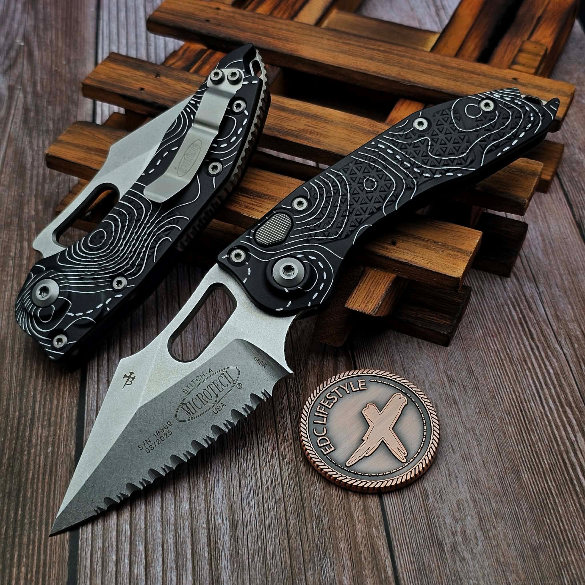 Microtech Borka Auto Stitch Black Topograhpic Stonewash Full