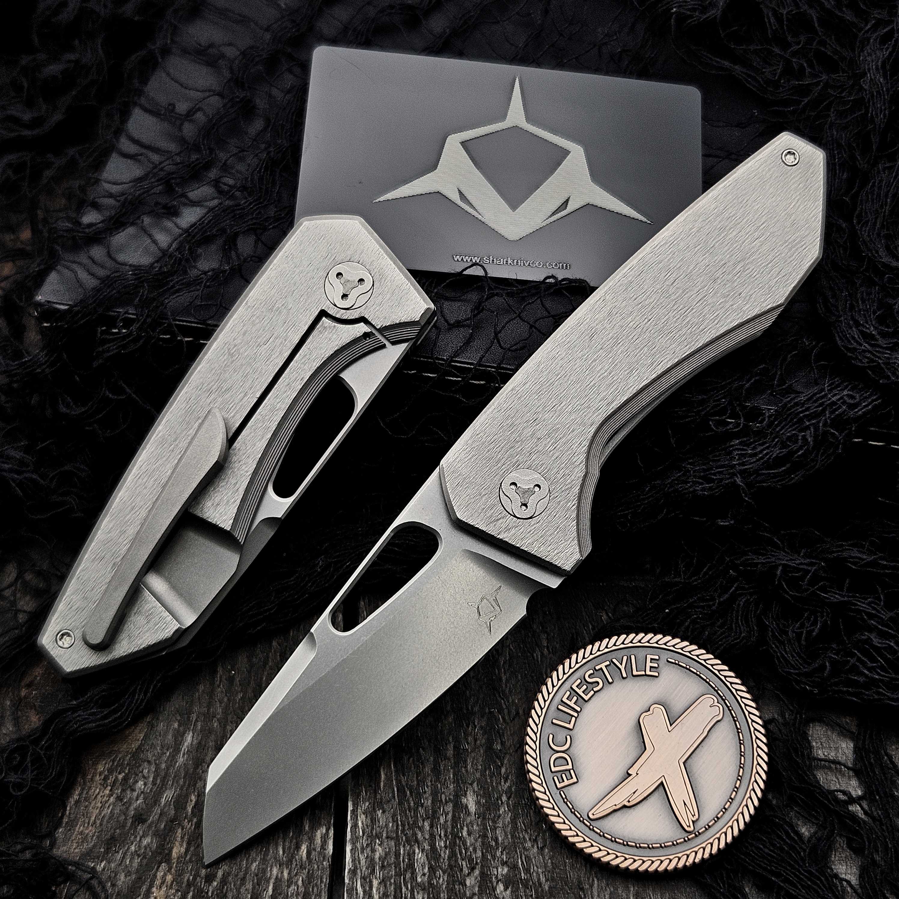 Sharknivco M11 Barked Titanium Handle Polished Stonewash RWL34 Blade