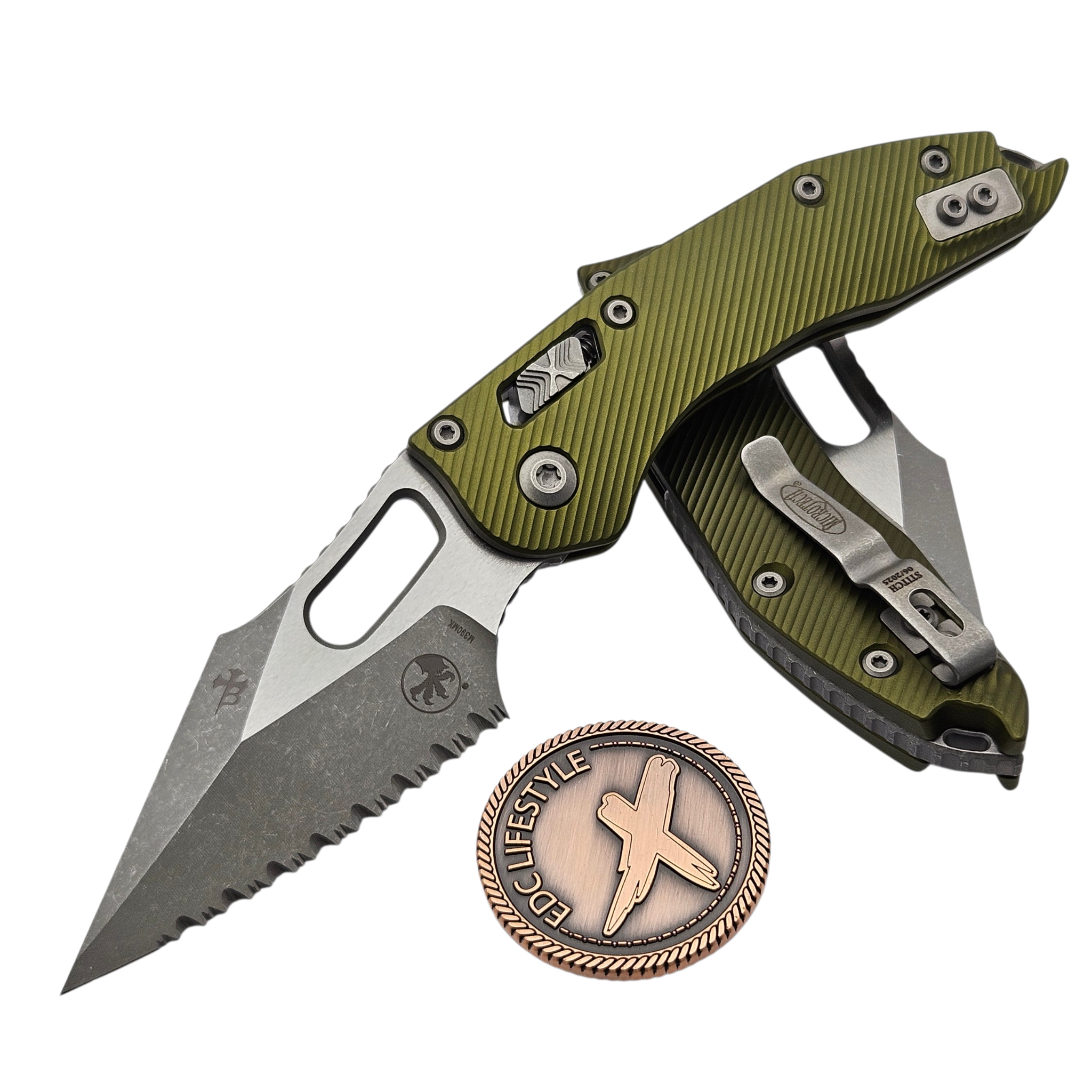 Microtech Stitch Ram-Lok OD Green Fluted Aluminum Apocalyptic Full