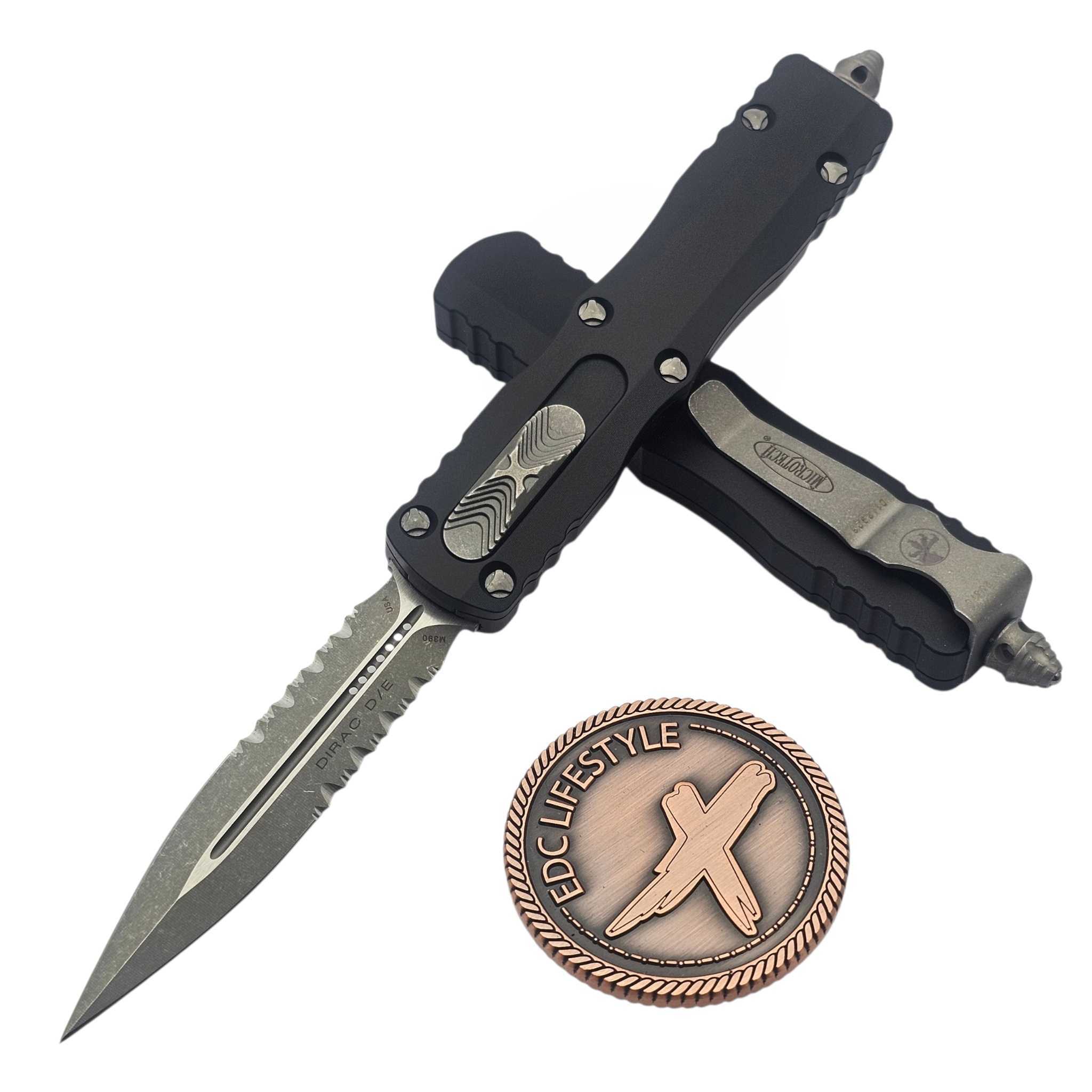 Microtech Dirac Black Apocalyptic D/E Partial Serrated 225-11AP