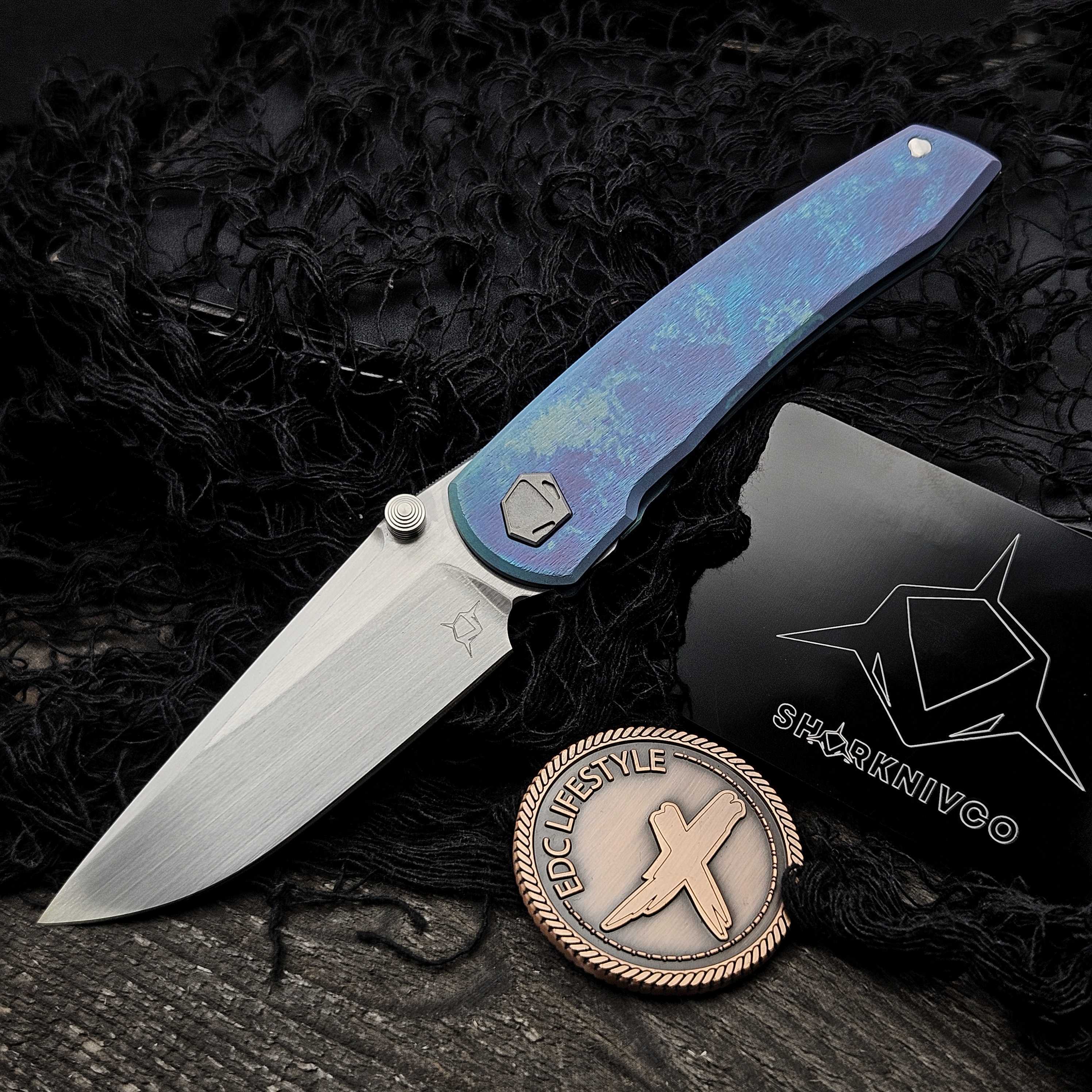 Sharknivco PJ Waka Blue Barked Titanium Handle Frame Lock RWL34