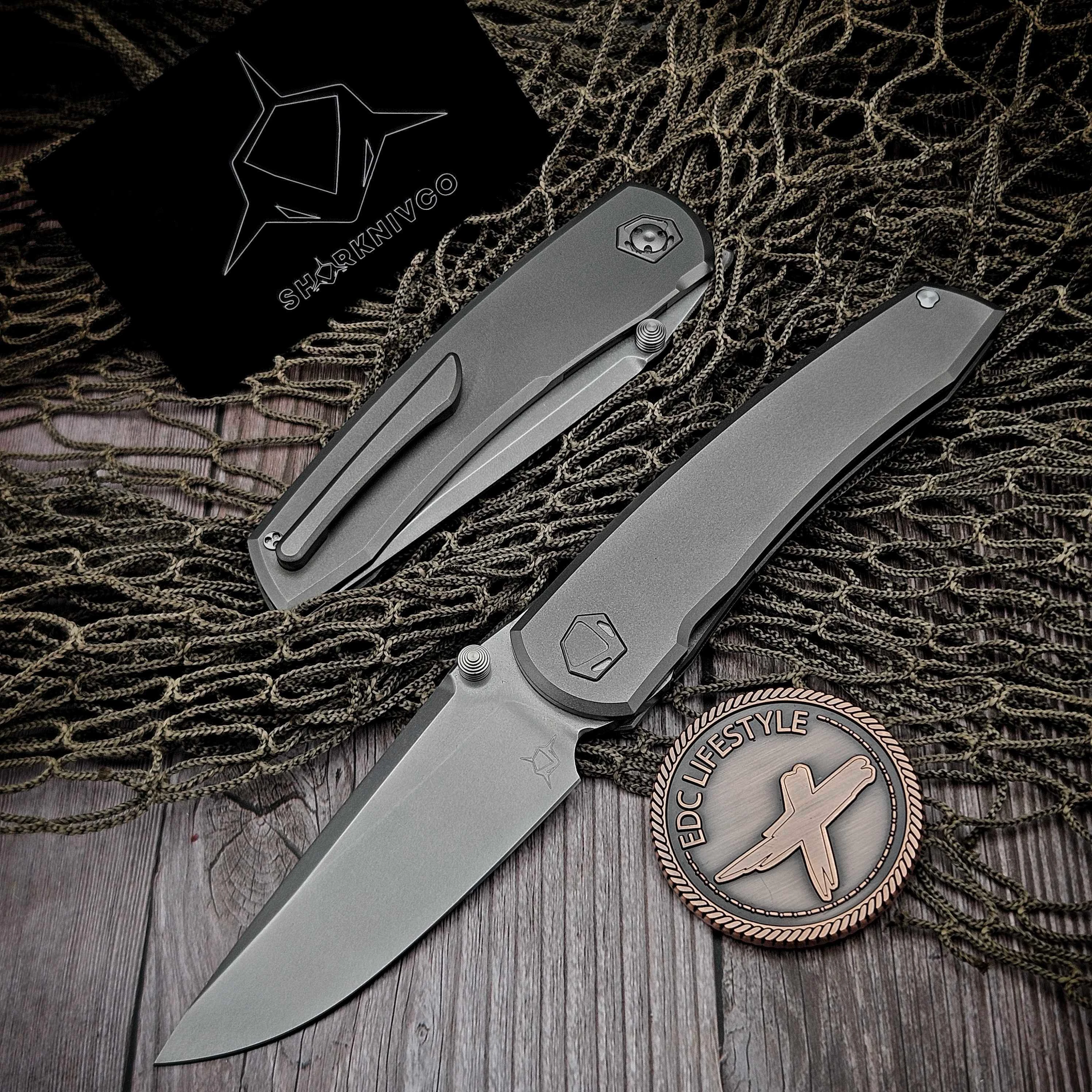 Sharknivco PJ Waka Titanium Inset Lock RWL34 Polished Stonewash