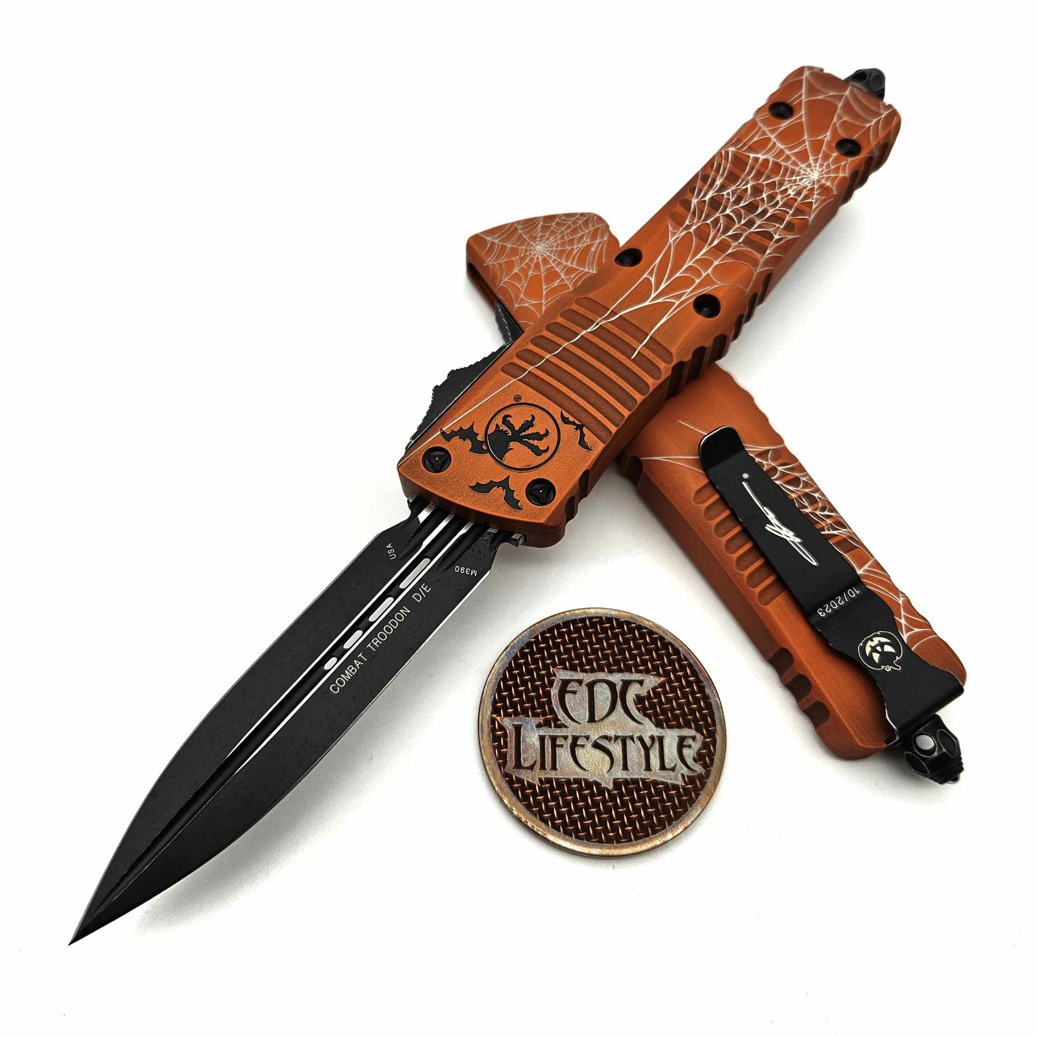 Microtech Combat Troodon 142-1HWWS Halloween Web Orange Fluted