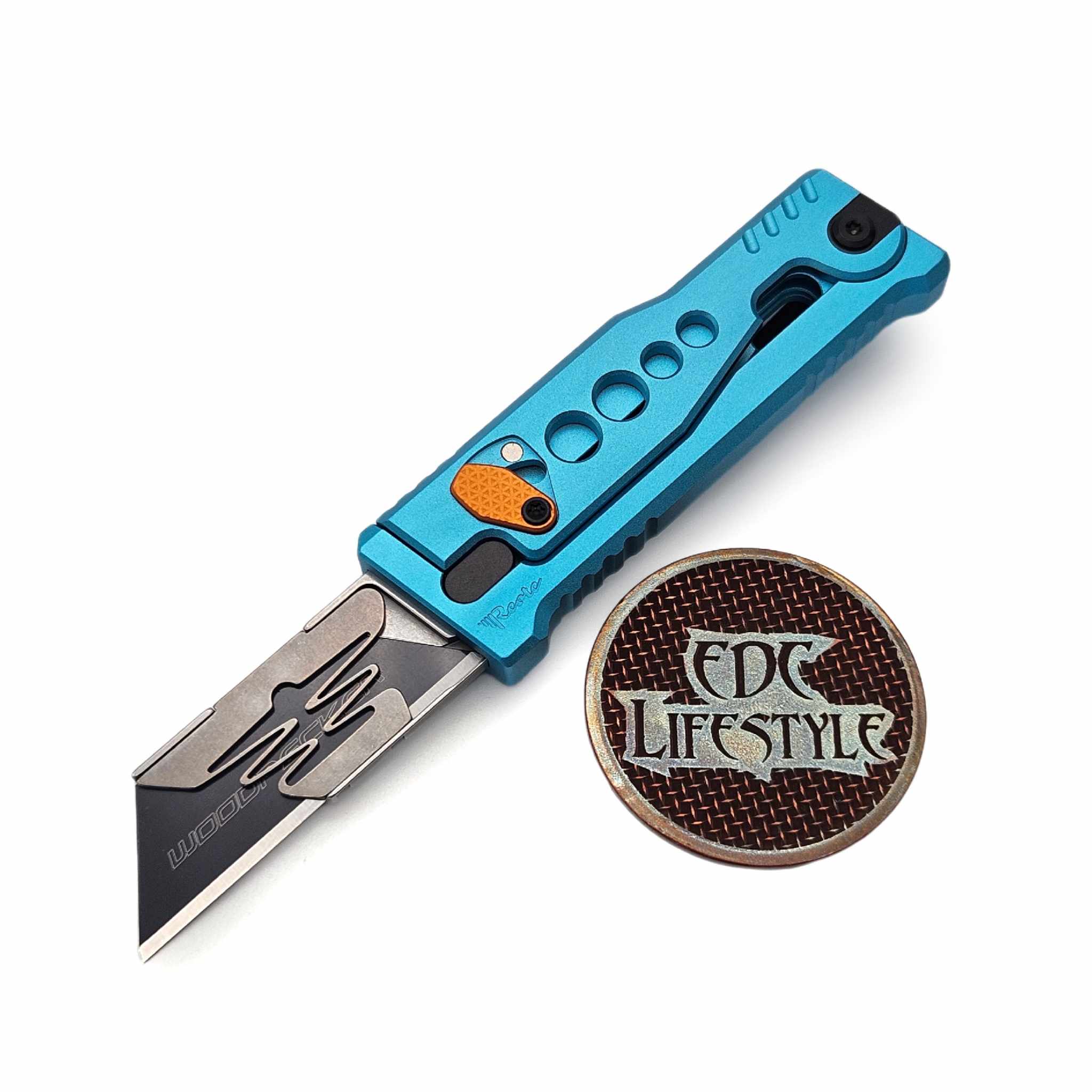 Reate Knives EXO-U Gravity Knife Speedhole Blue Aluminum Orange