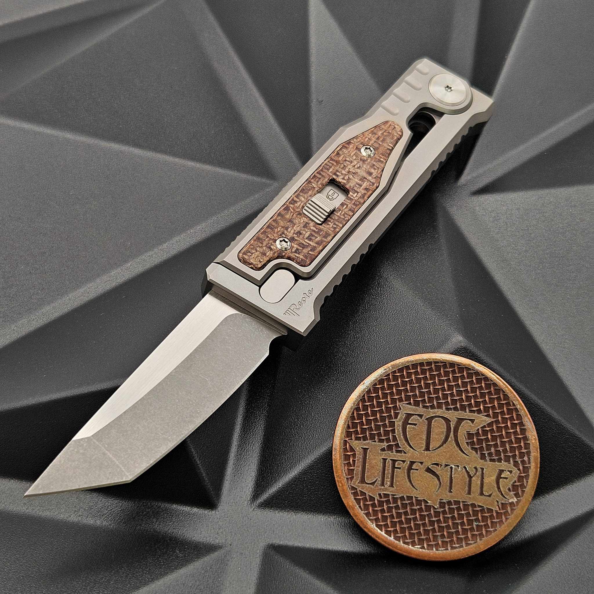 Reate Knives Mini EXO Gravity Knife Brown Burlap Micarta 6AL4V