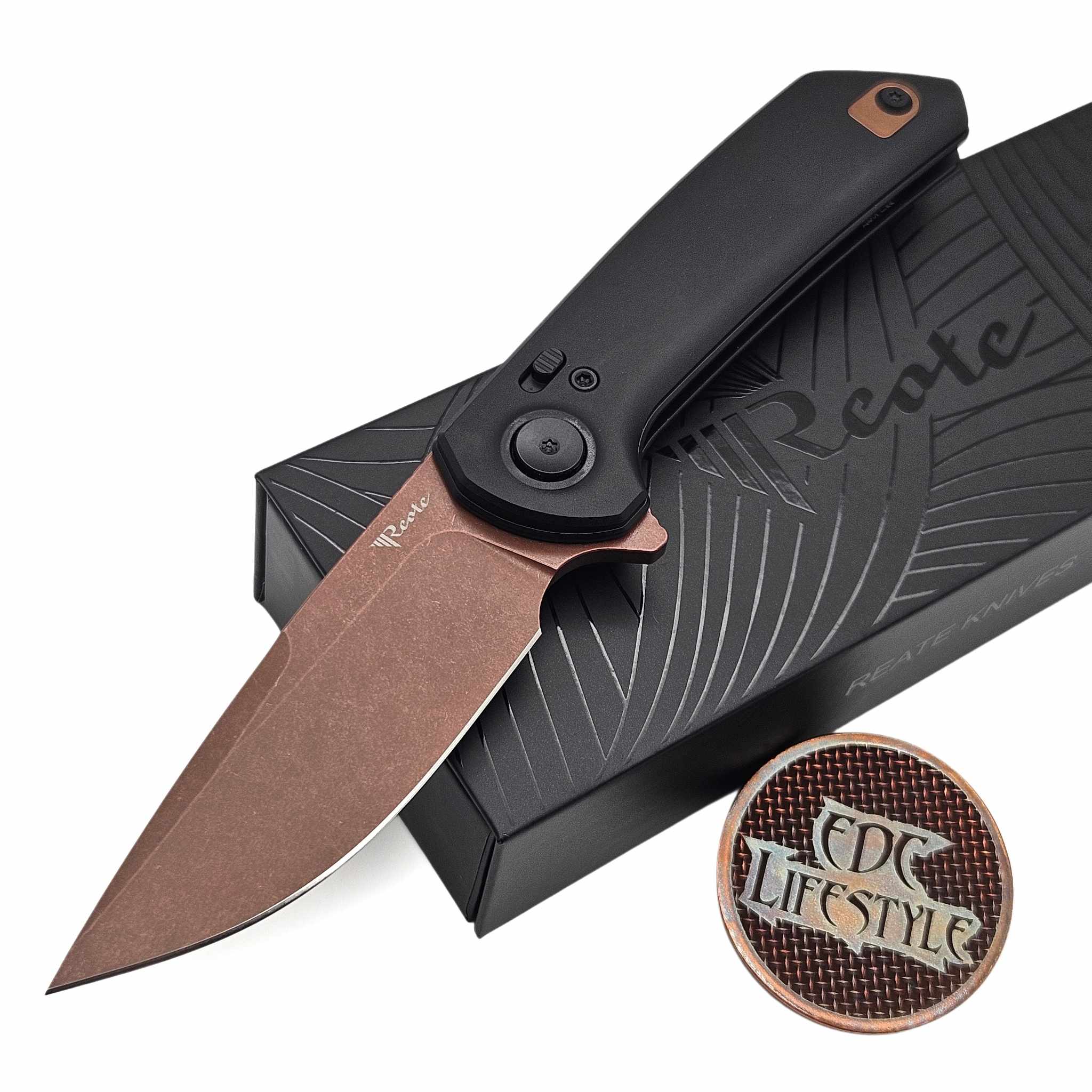 Reate Knives PL-XF Flipper Button Lock Black Aluminum Handle 3.4