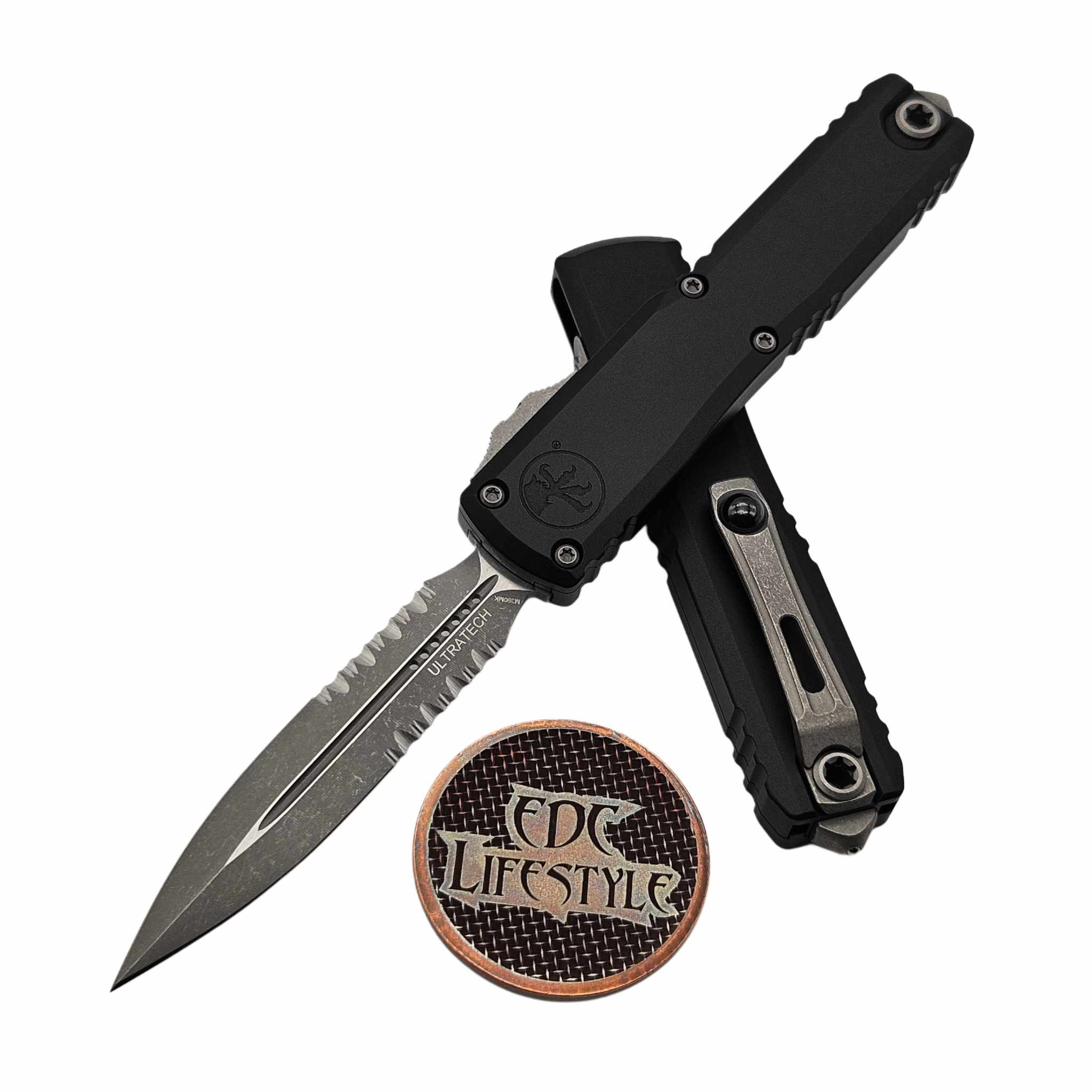 ユーフレックスGS906　美品 Microtech Ultratech ZBP 1122-11AP Black Double Edge Partial