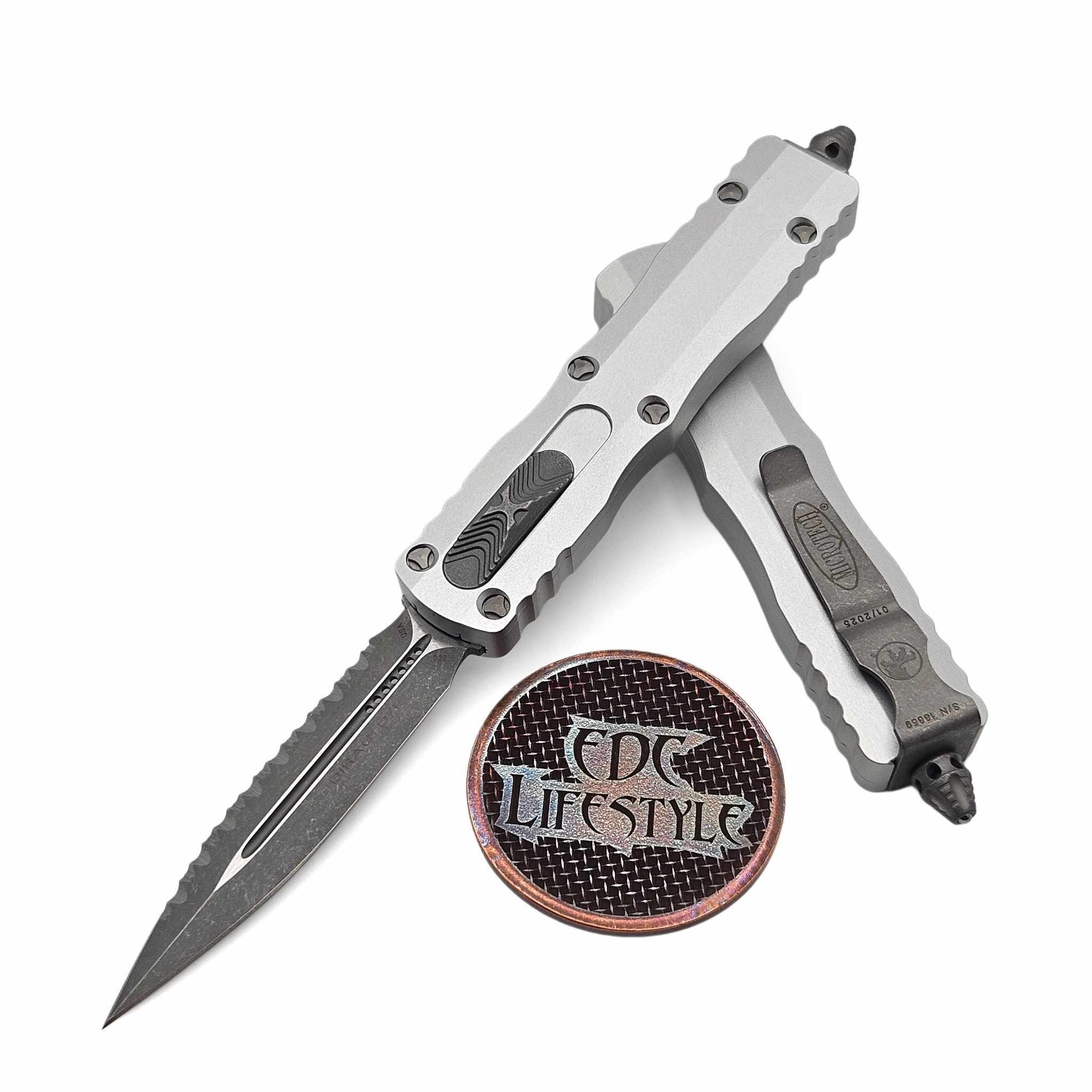 Microtech Dirac 225-12APCR Clear Apocalyptic Double Edge Full Serrated
