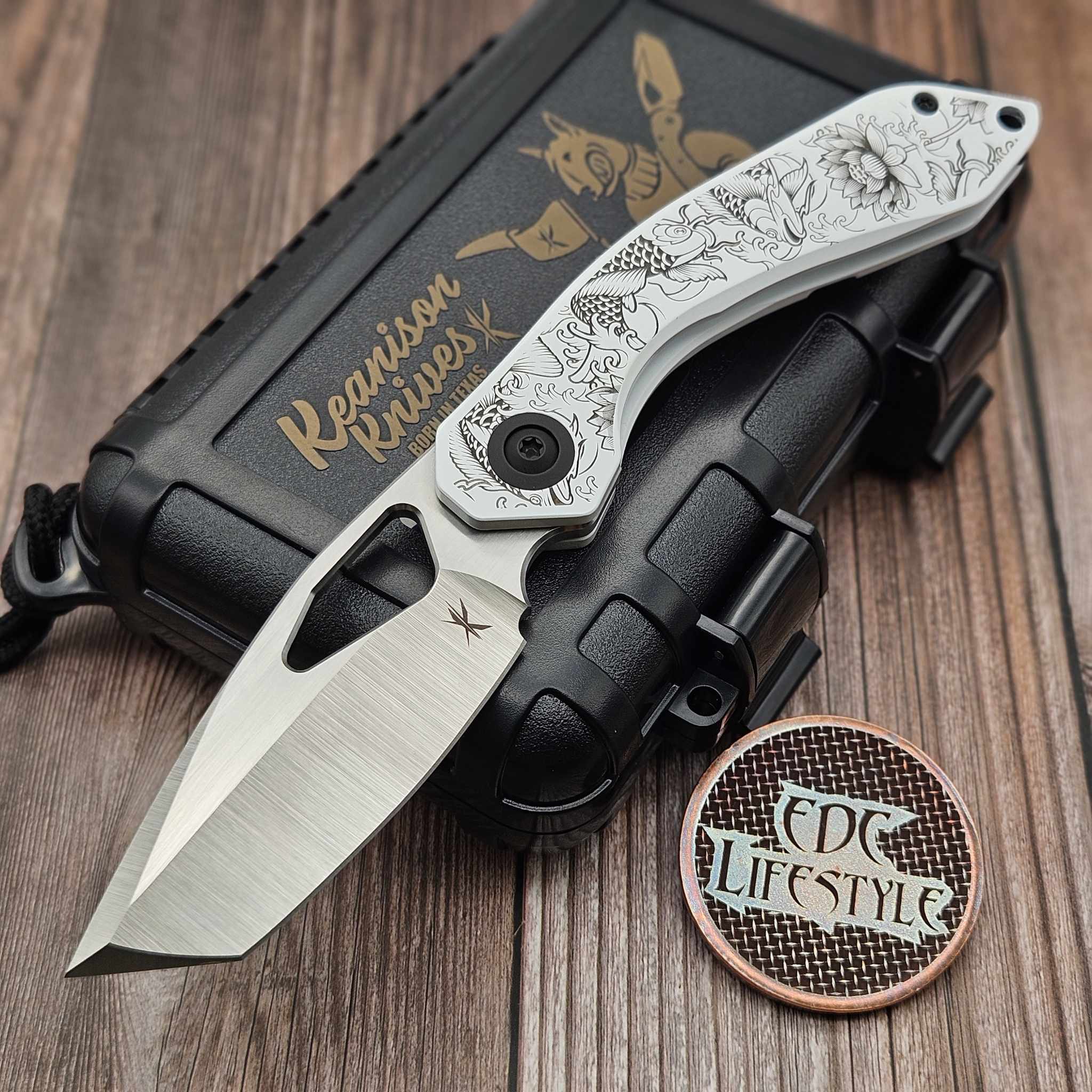 Keanison Knives Bull Terrier Cerakote Titanium Handle Koi Motif