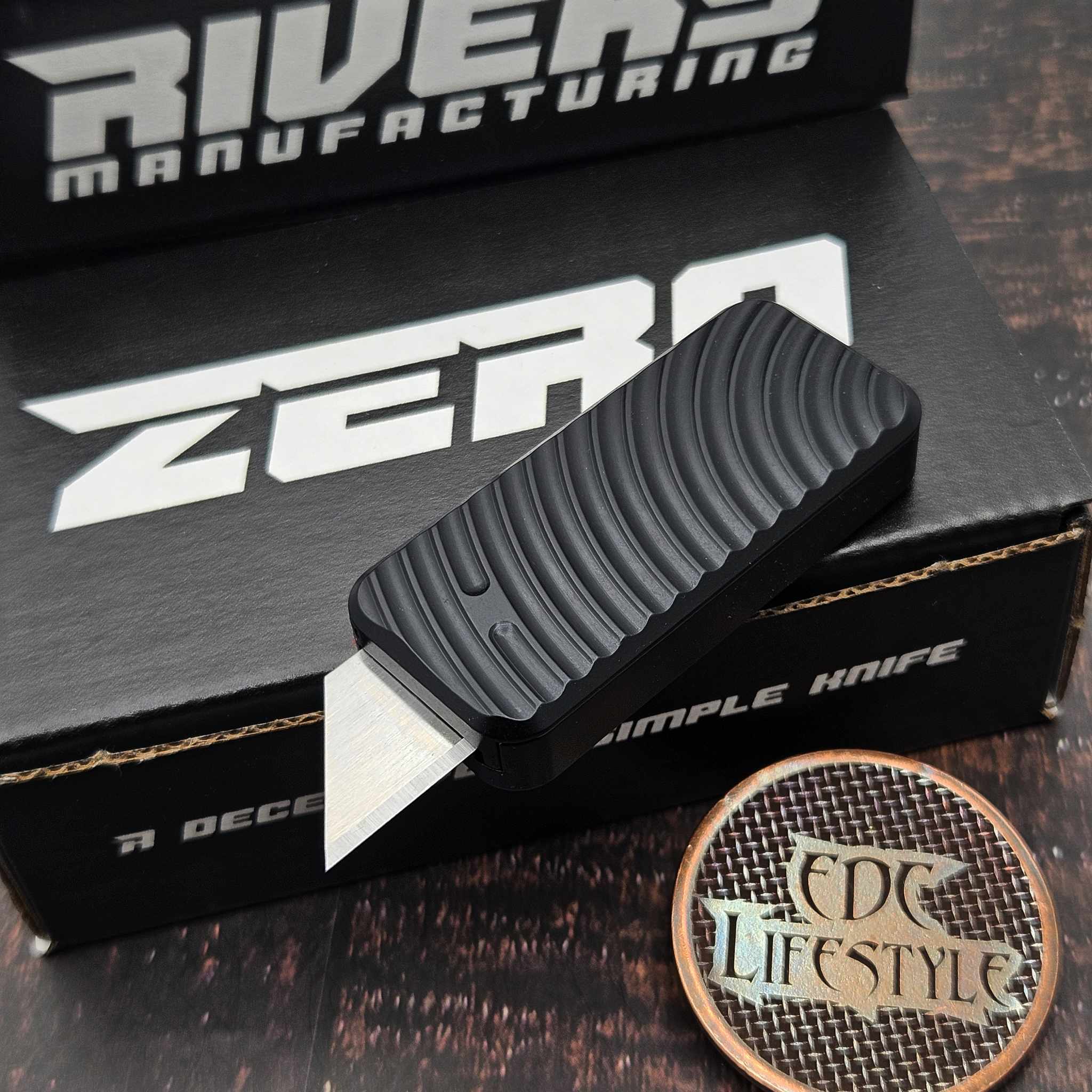Rivery Zero Original Black Aluminum Razor Blade OTF w/Lanyard Hole