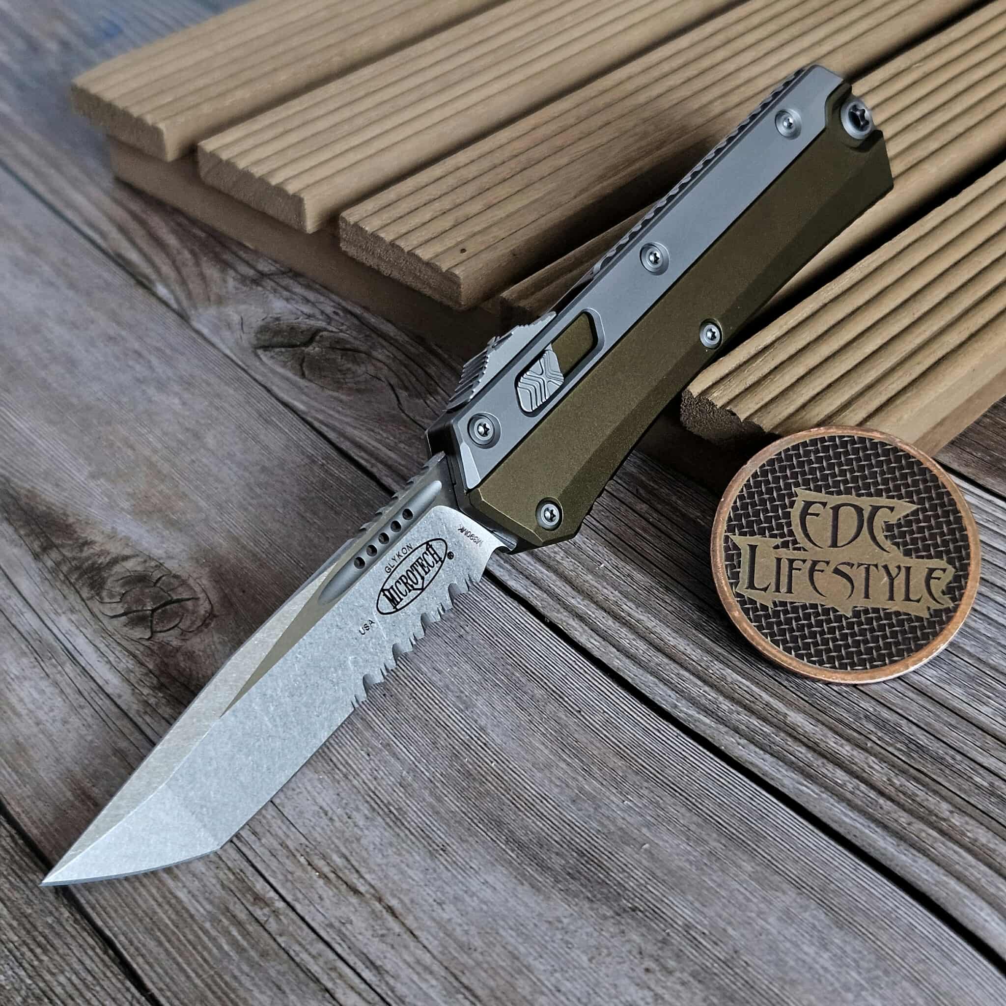 Microtech Glykon T/E OD Green Partial Serrated Stonewash Standard
