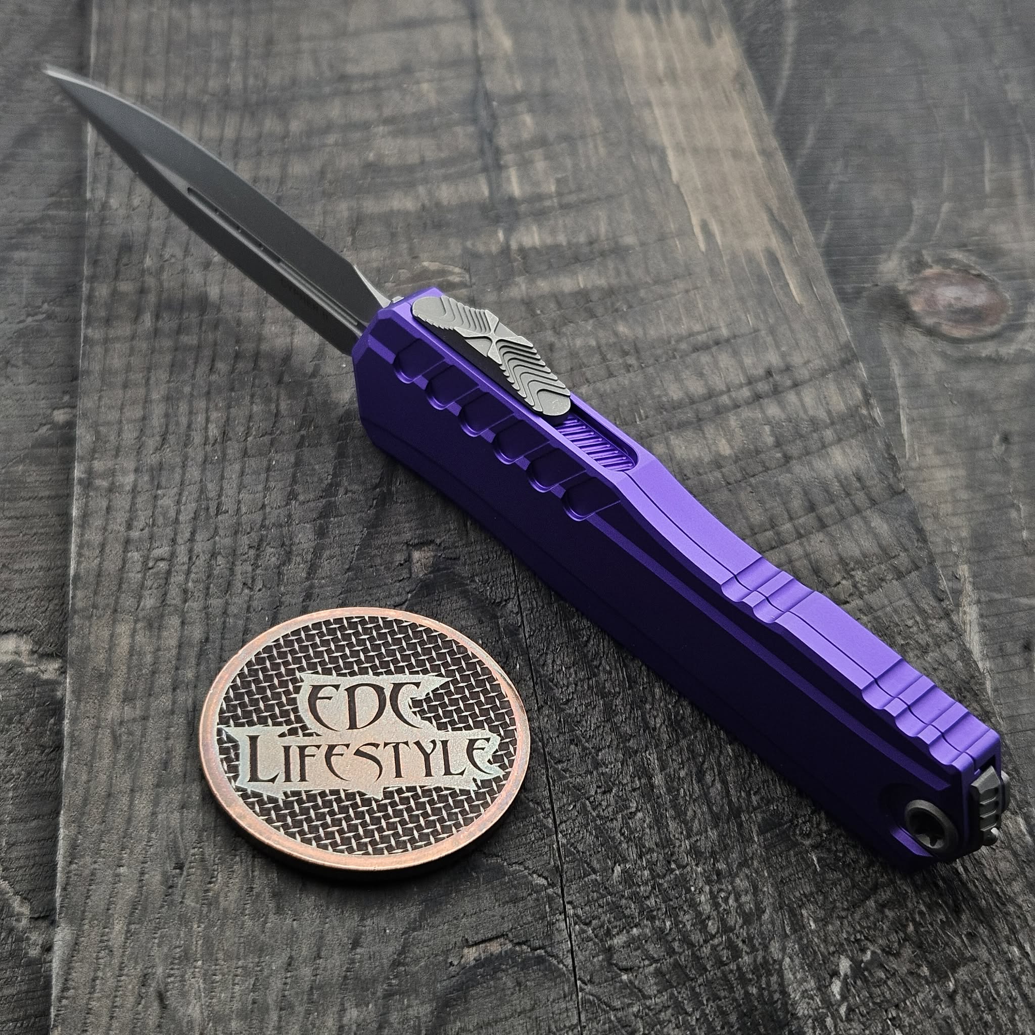 Microtech 1242-10APPU Cypher II Purple D/E Apocalyptic Grenade