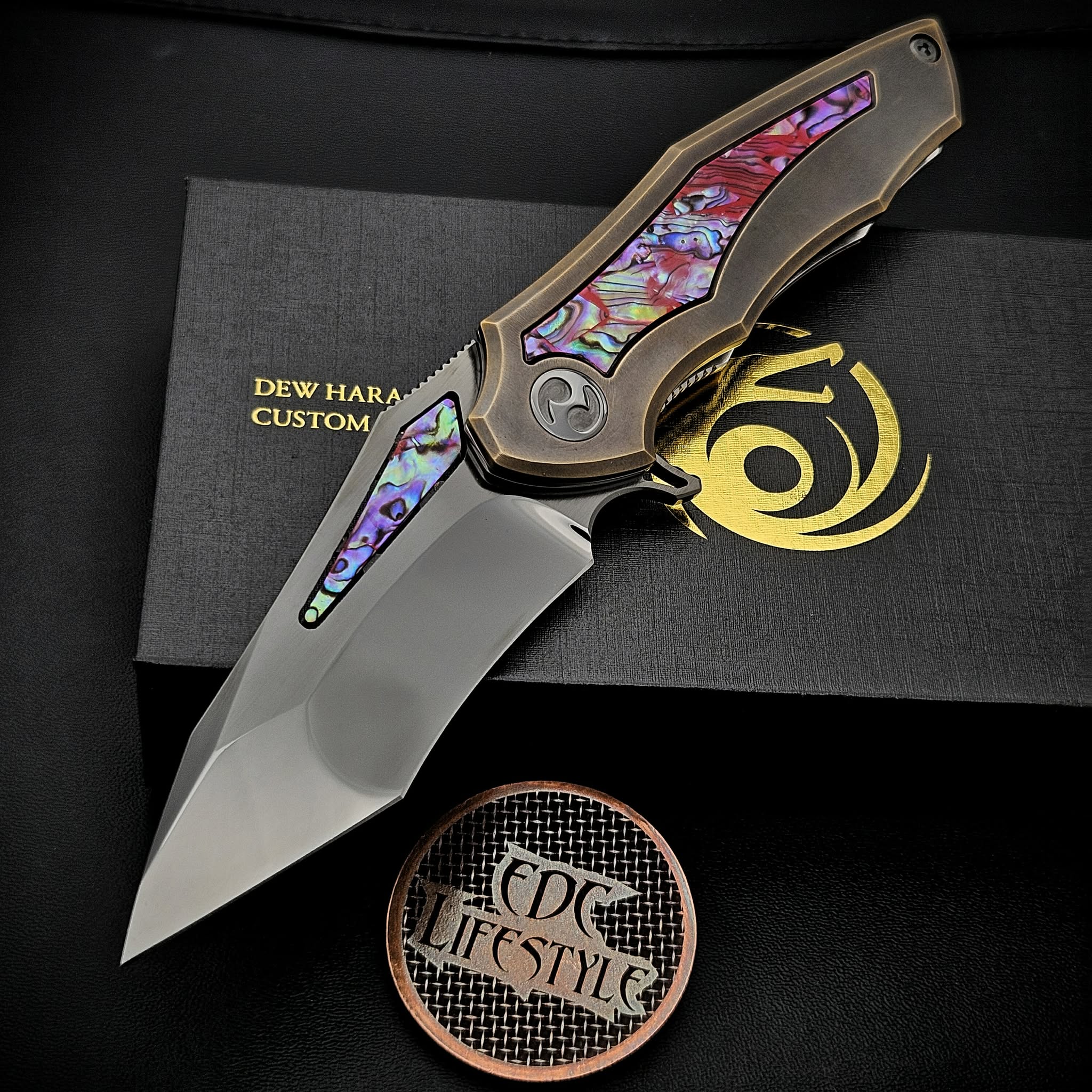 Dew Hara Noah M390 Copper/Kurozome Handle w/Red Abalone Inlay #118