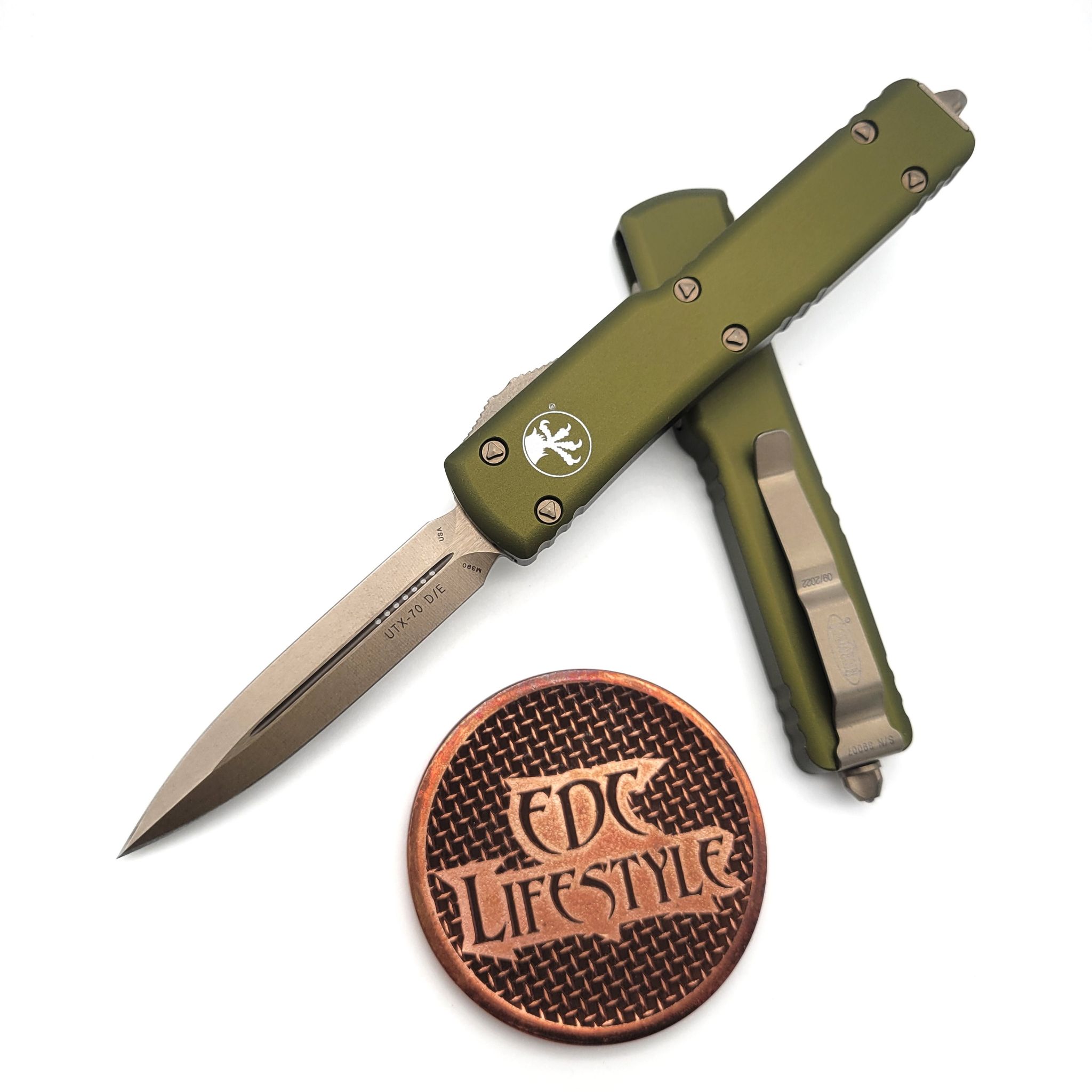 Microtech UTX-70 147-13OD OD Green Double Edge Bronze