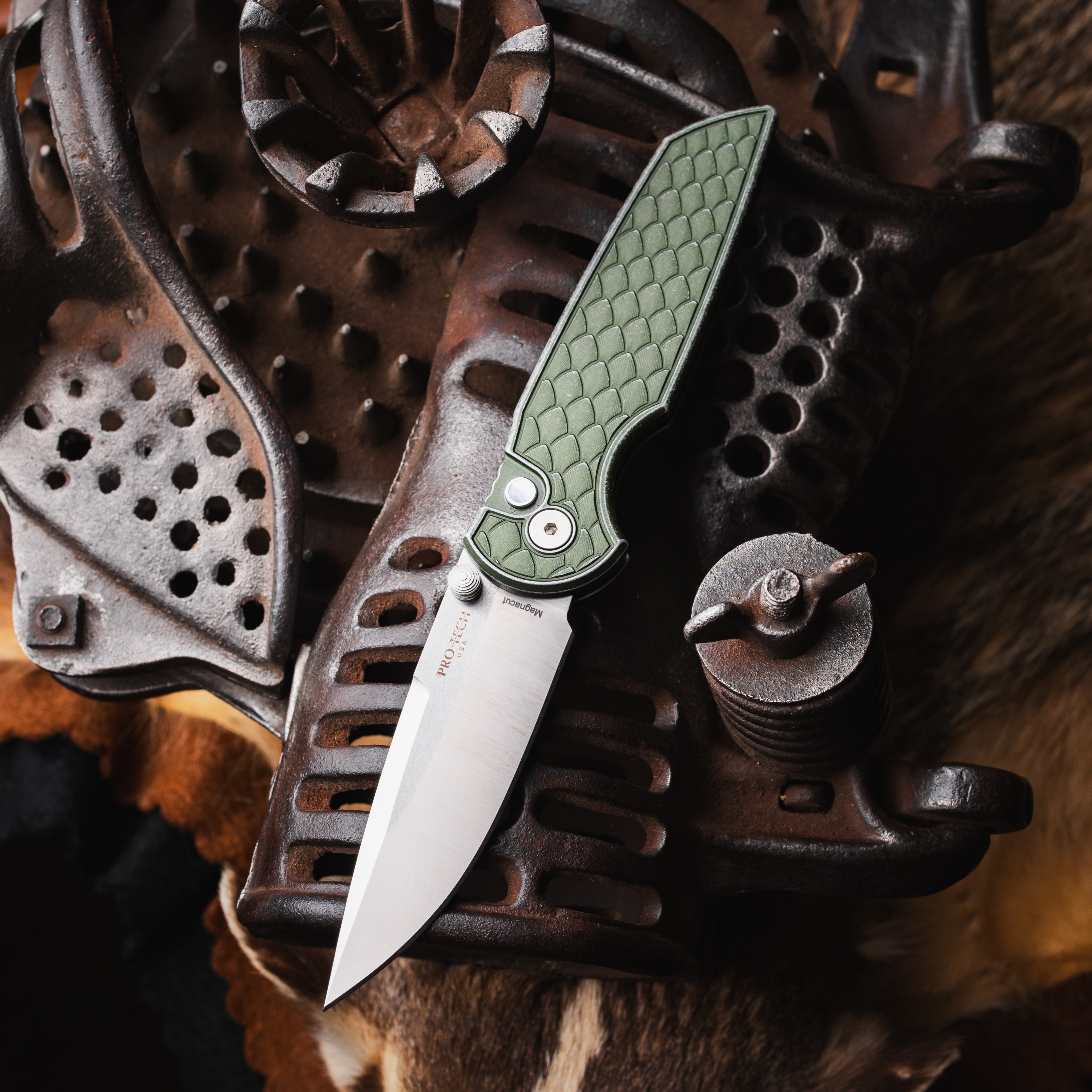Pro-Tech Knives TR-3 Integrity Button Lock Battleworn Reptile