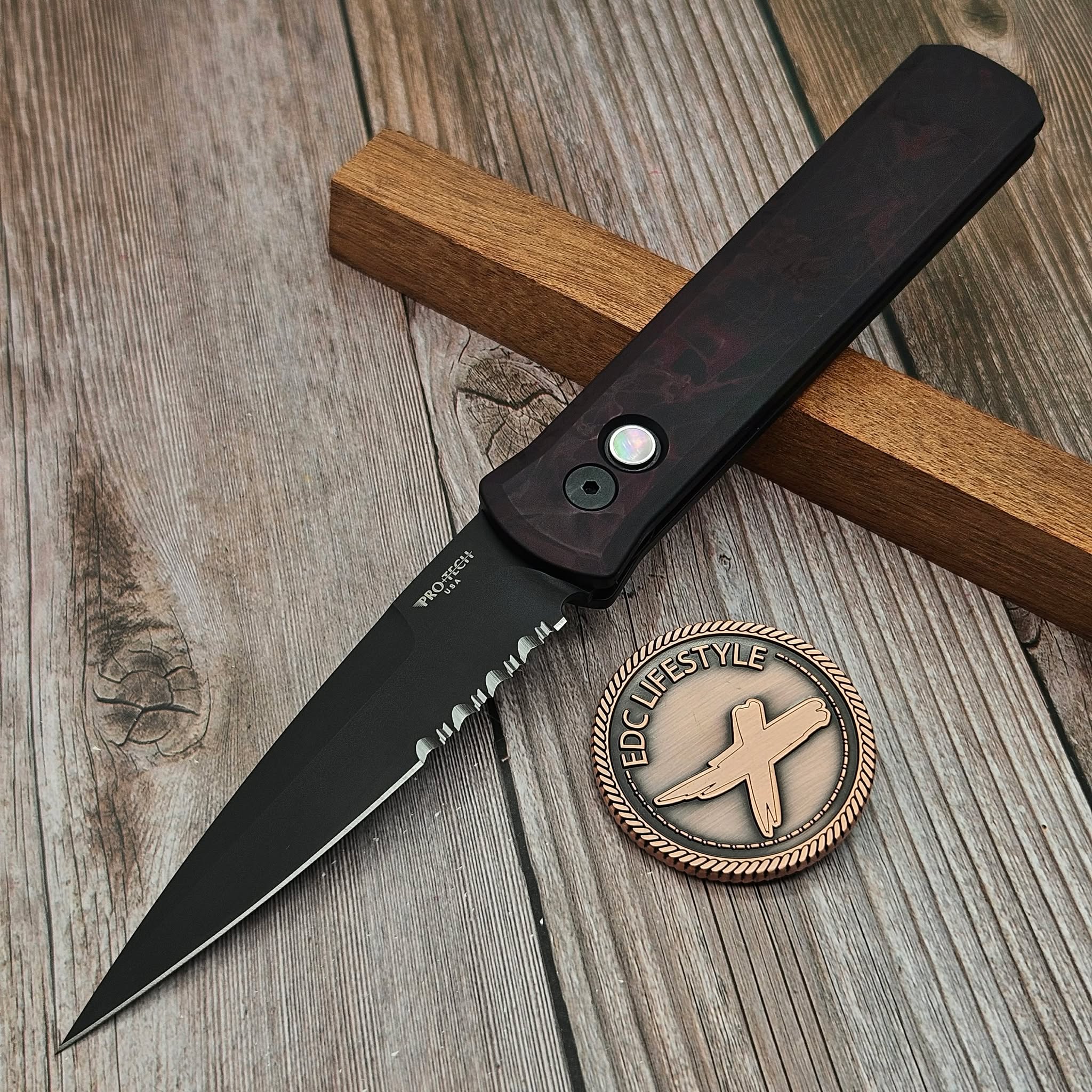 Pro-Tech Godfather Red Haze Ano Handle DLC 154CM Part Serrated