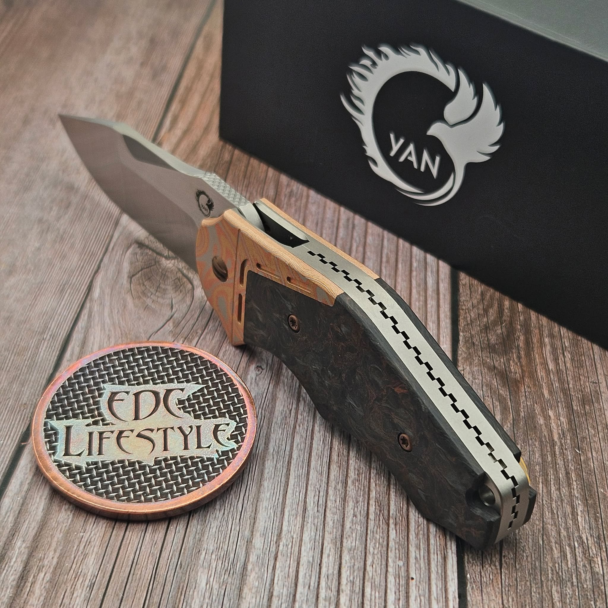 Yan Knives GTC Cabot Titanium Handle Dark Matter Copper Scales w