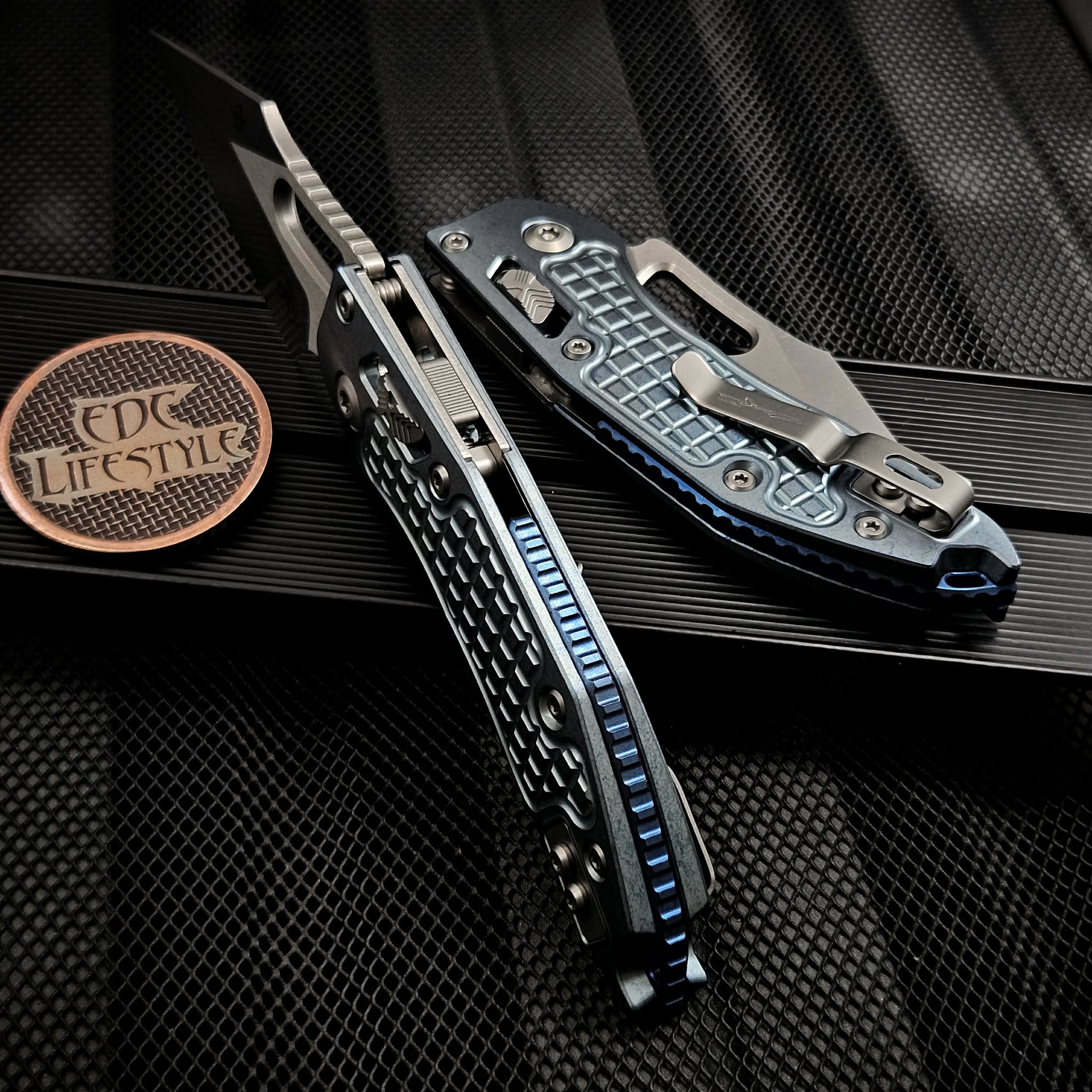 Microtech Stitch Ram-Lok 169RL-10FRMS6 Ice Blue Titanium Frag