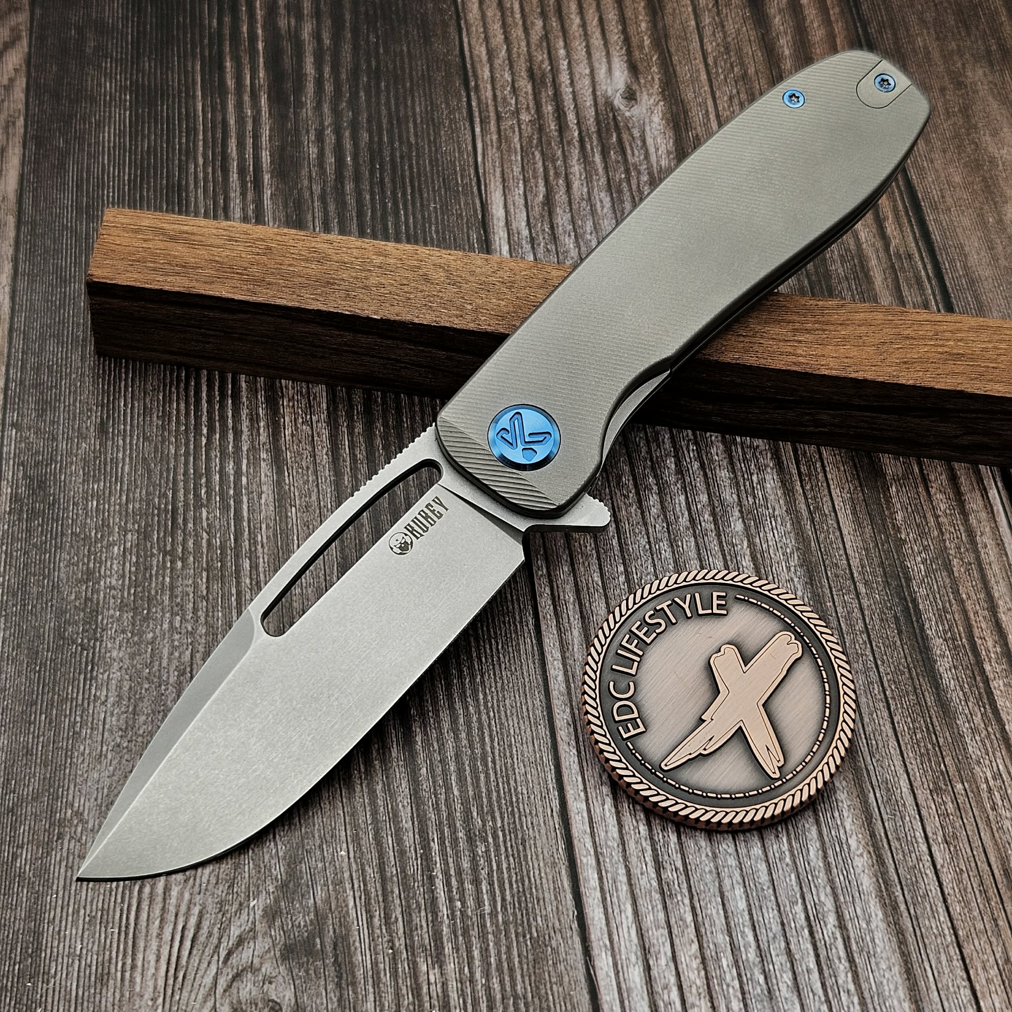 Kubey Supercell Pocket Knife Grey Titanium Handle 3.46