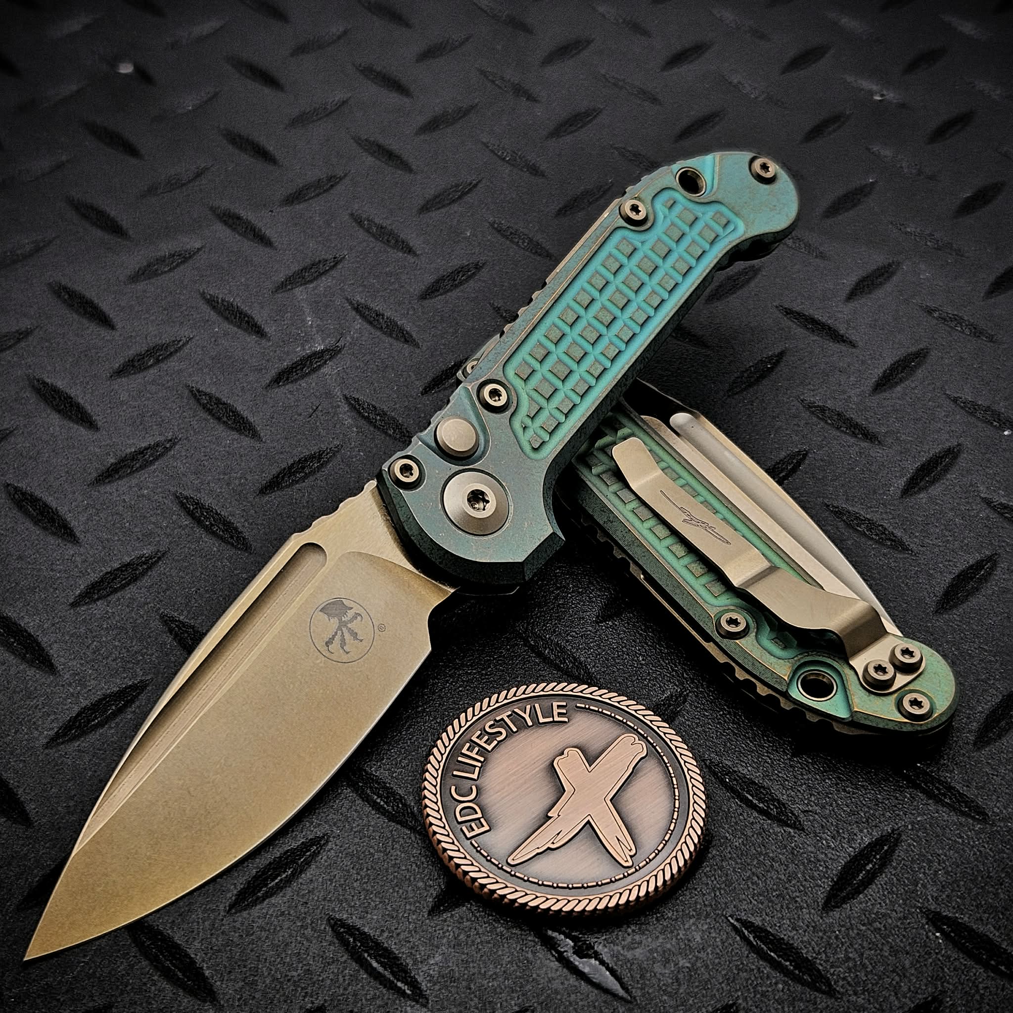 Microtech LUDT Antique Green Titanium Frag Bronzed Clip Point