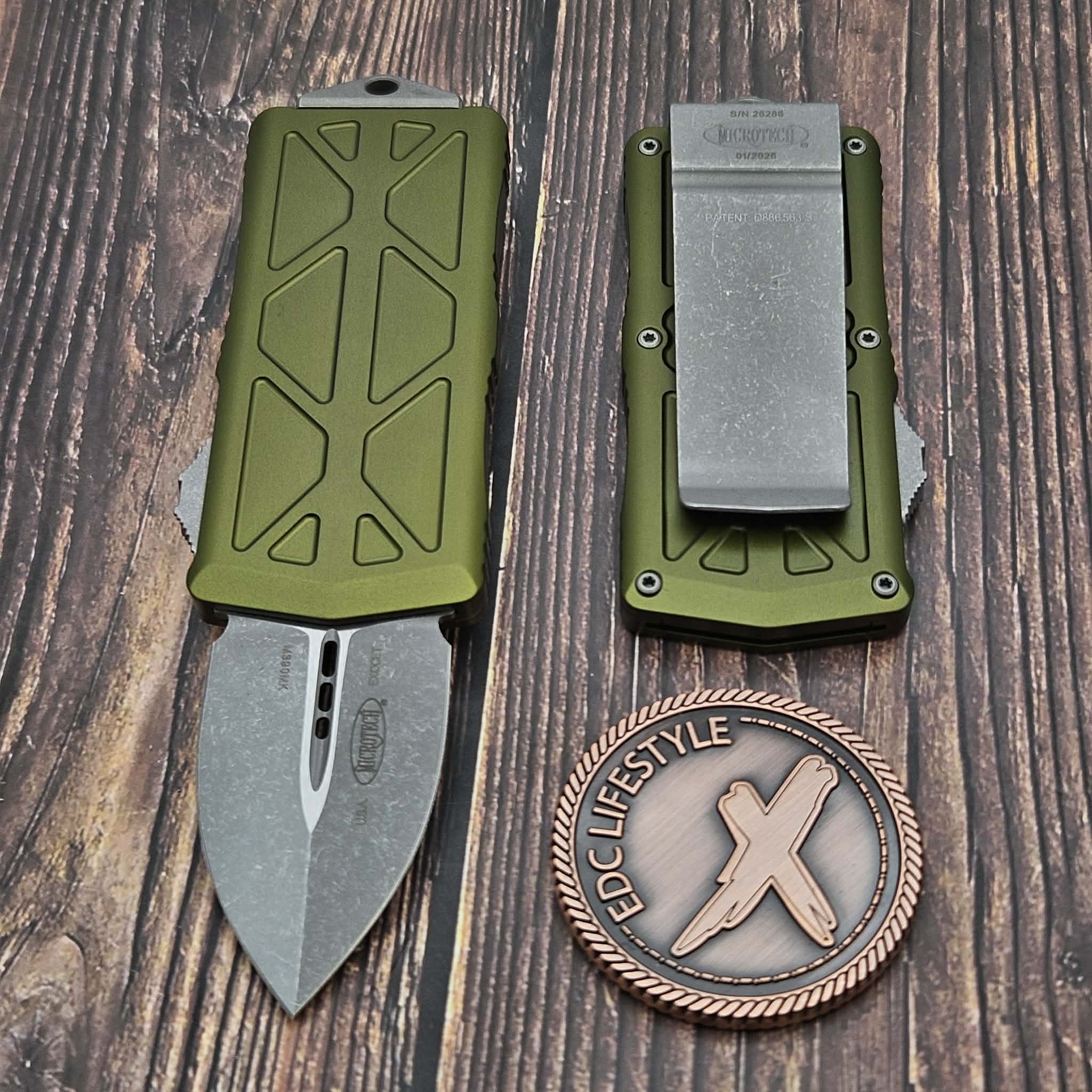Microtech Exocet 157-10APOD Apocalyptic Blade OD Green OTF Money Clip