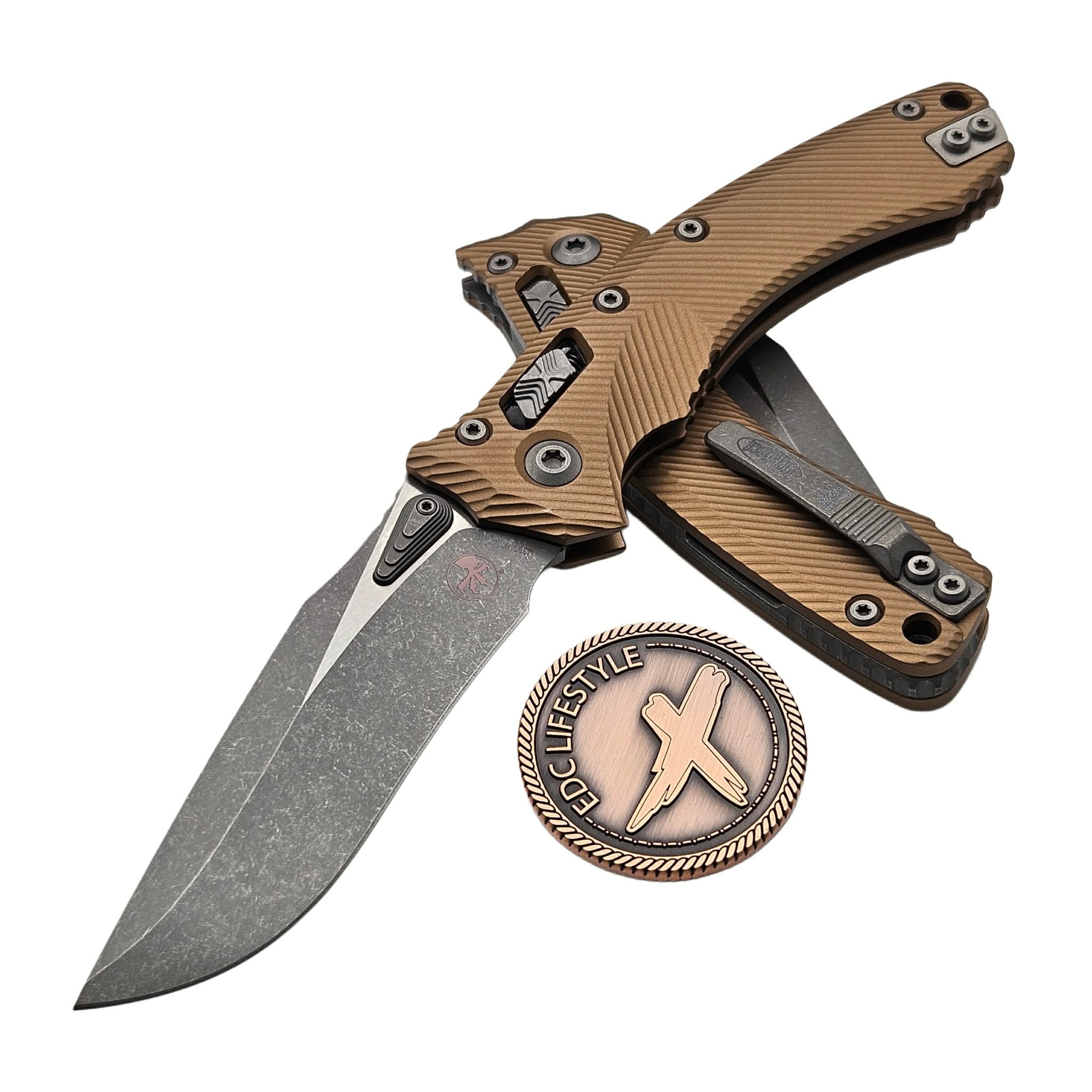 Microtech Amphibian Manual Ram-Lok Brown Fluted Aluminum 3.88