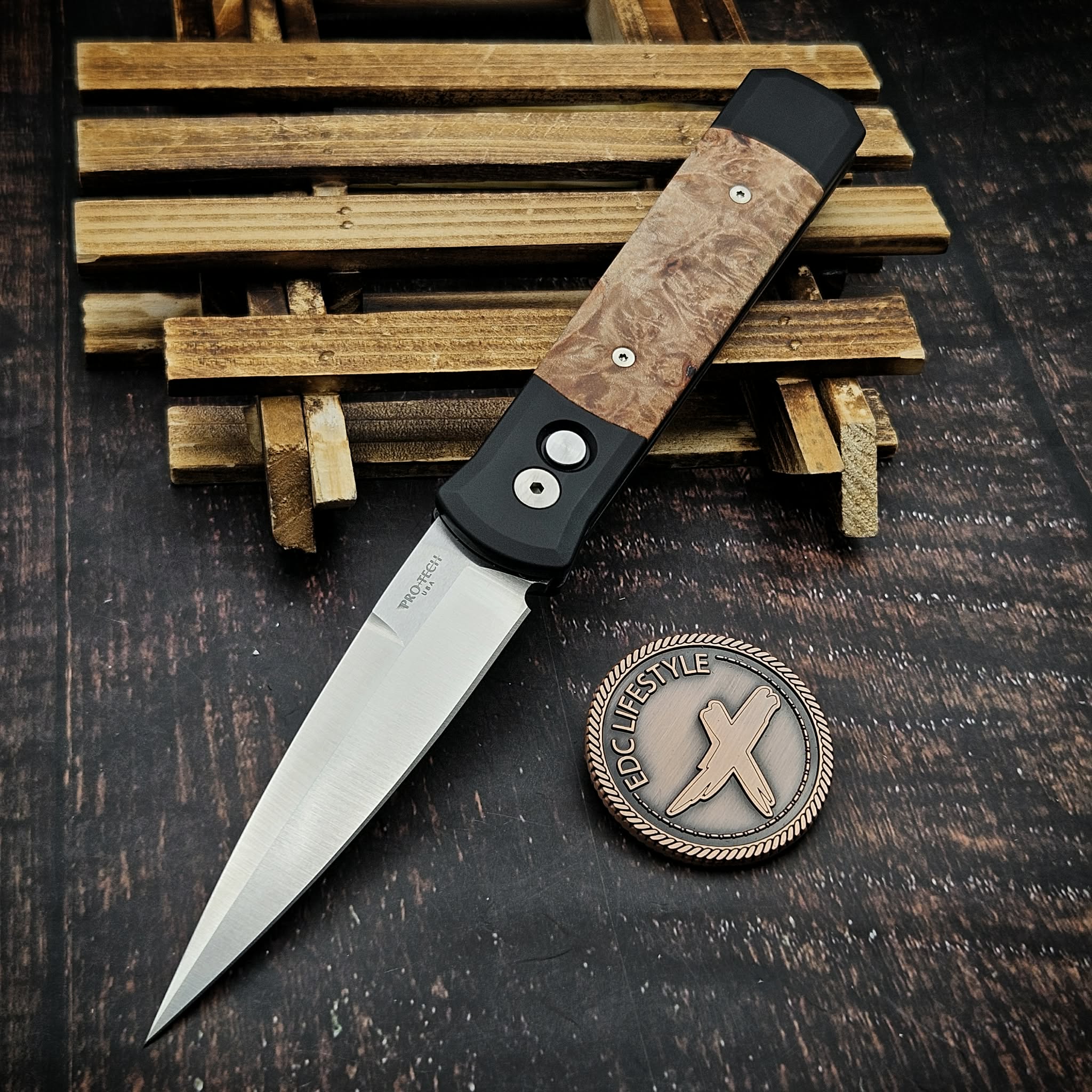 Pro-Tech Knives Black Godfather Maple Burl Wood Inlay 4