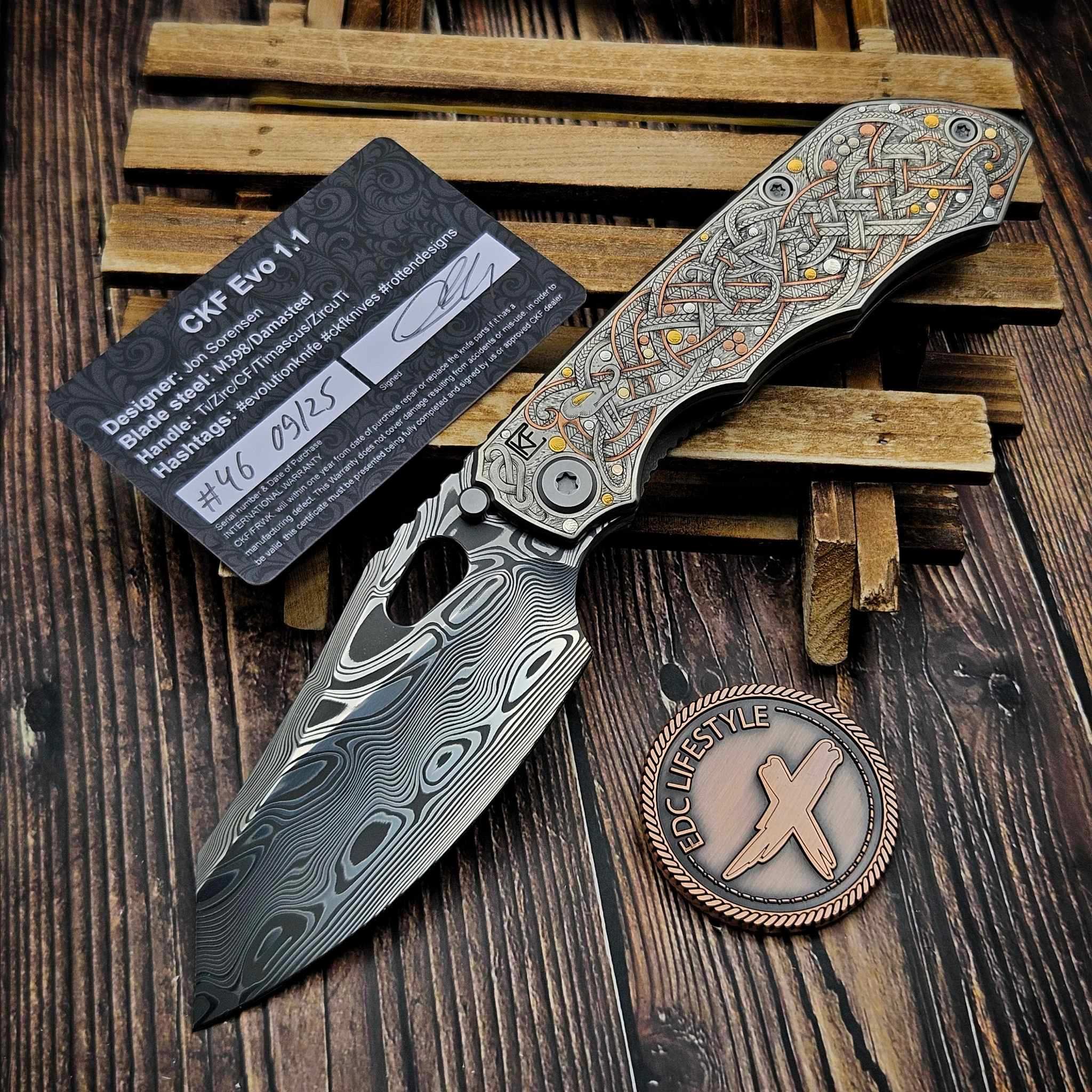 Custom Knife Factory & Jon Sorenson Evo 1.1 Engraved Damasteel