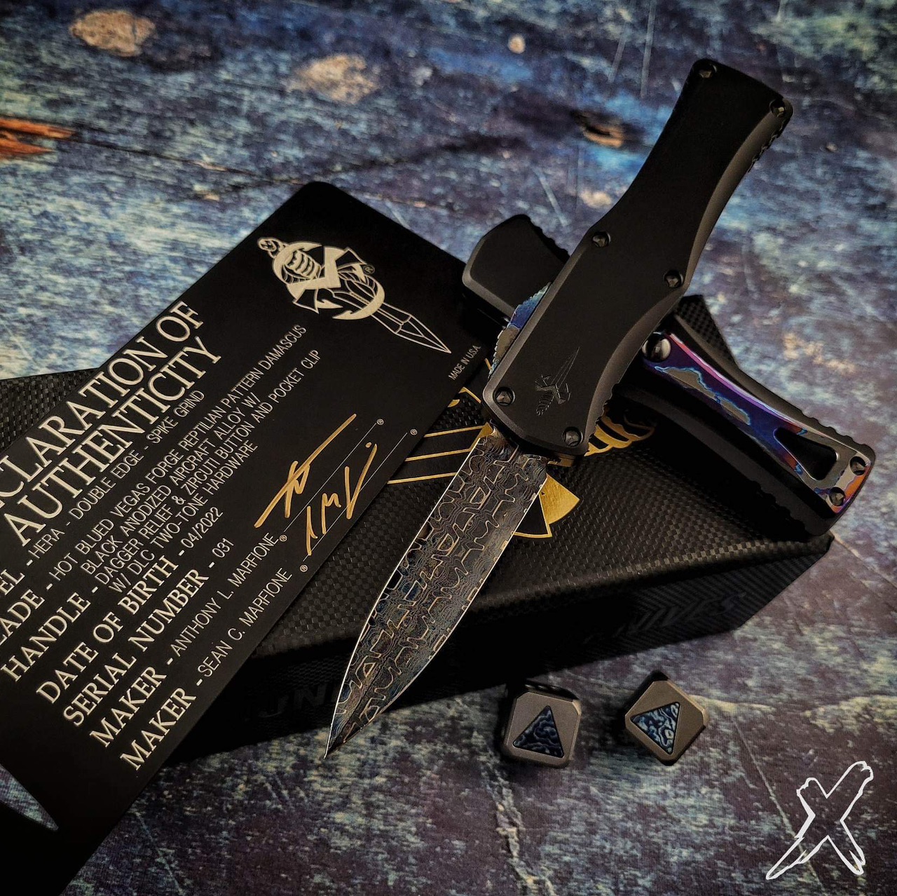 Inspirations marinesaupointdecroixヴェロニク Marfione Custom Knives Hera D/E Spike Grind Hot Blued Vegas Forge