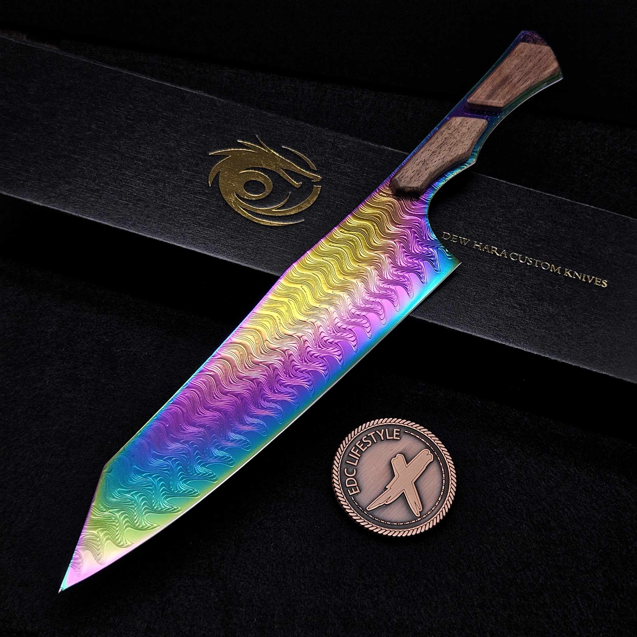 Dew Hara Santoku Ladder VG-10 Damascus Rainbow Titanium Walnut