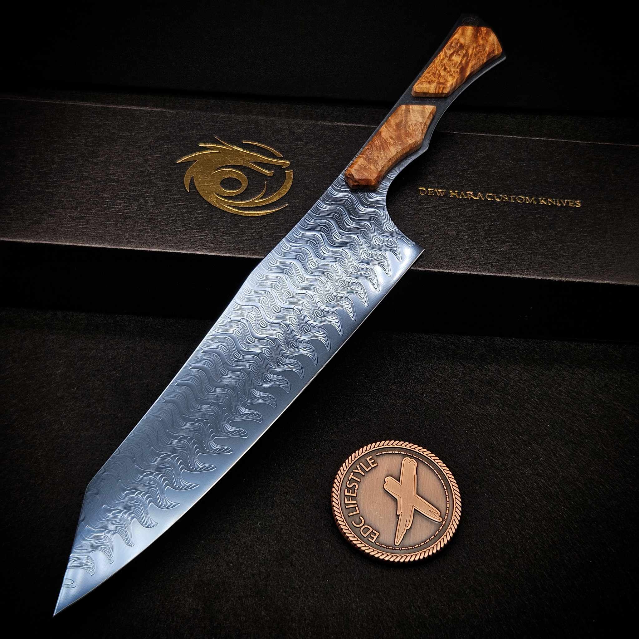 Dew Hara Santoku Ladder VG-10 Damascus Blue Titanium Maple