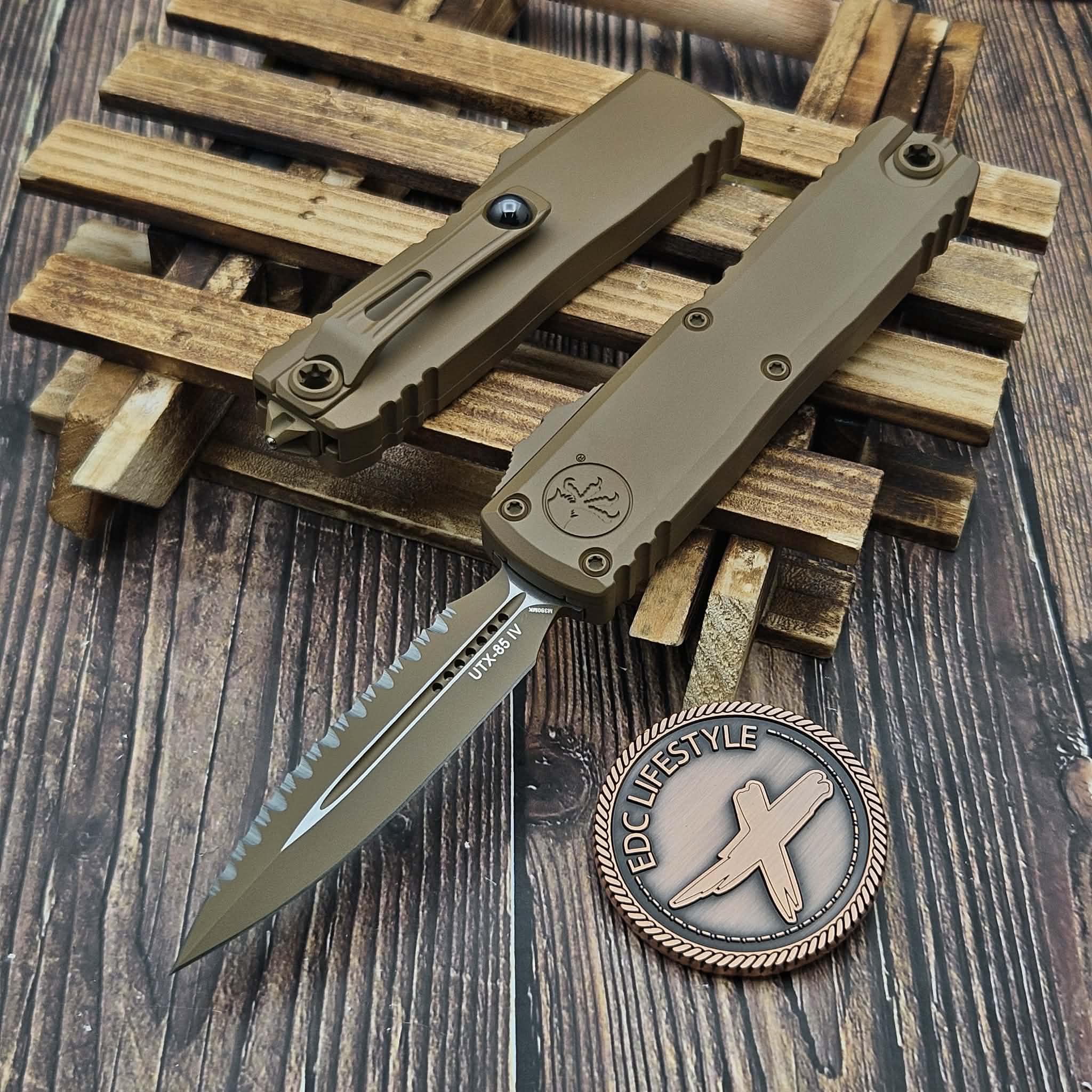 Microtech UTX-85 Gen IV Cerakote Tan D/E Partial Serrated 3.10